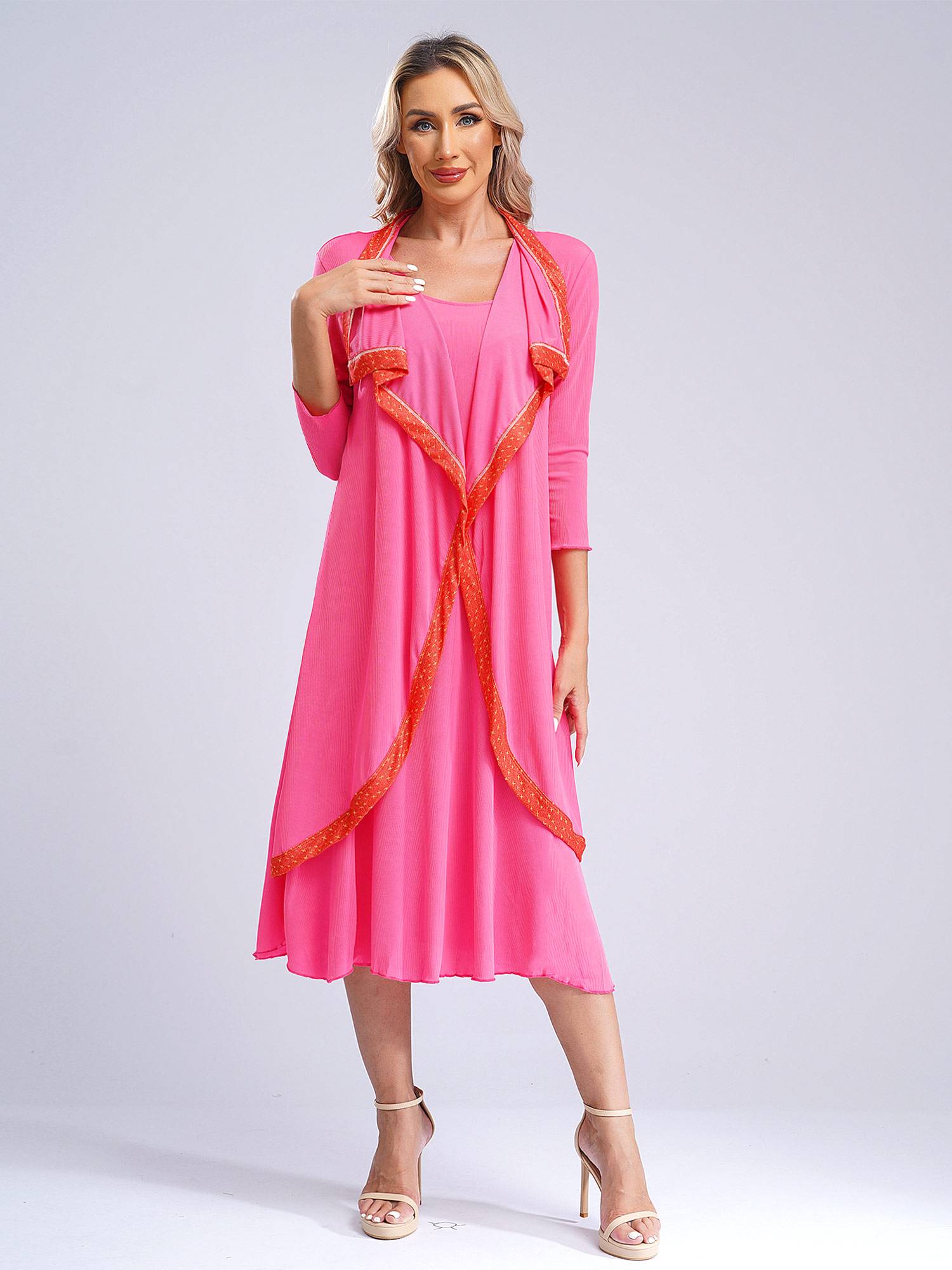 Women 2-in-1 Retro Long Sleeve Ruffled Neckline Loose Dress for Wedding Guest
