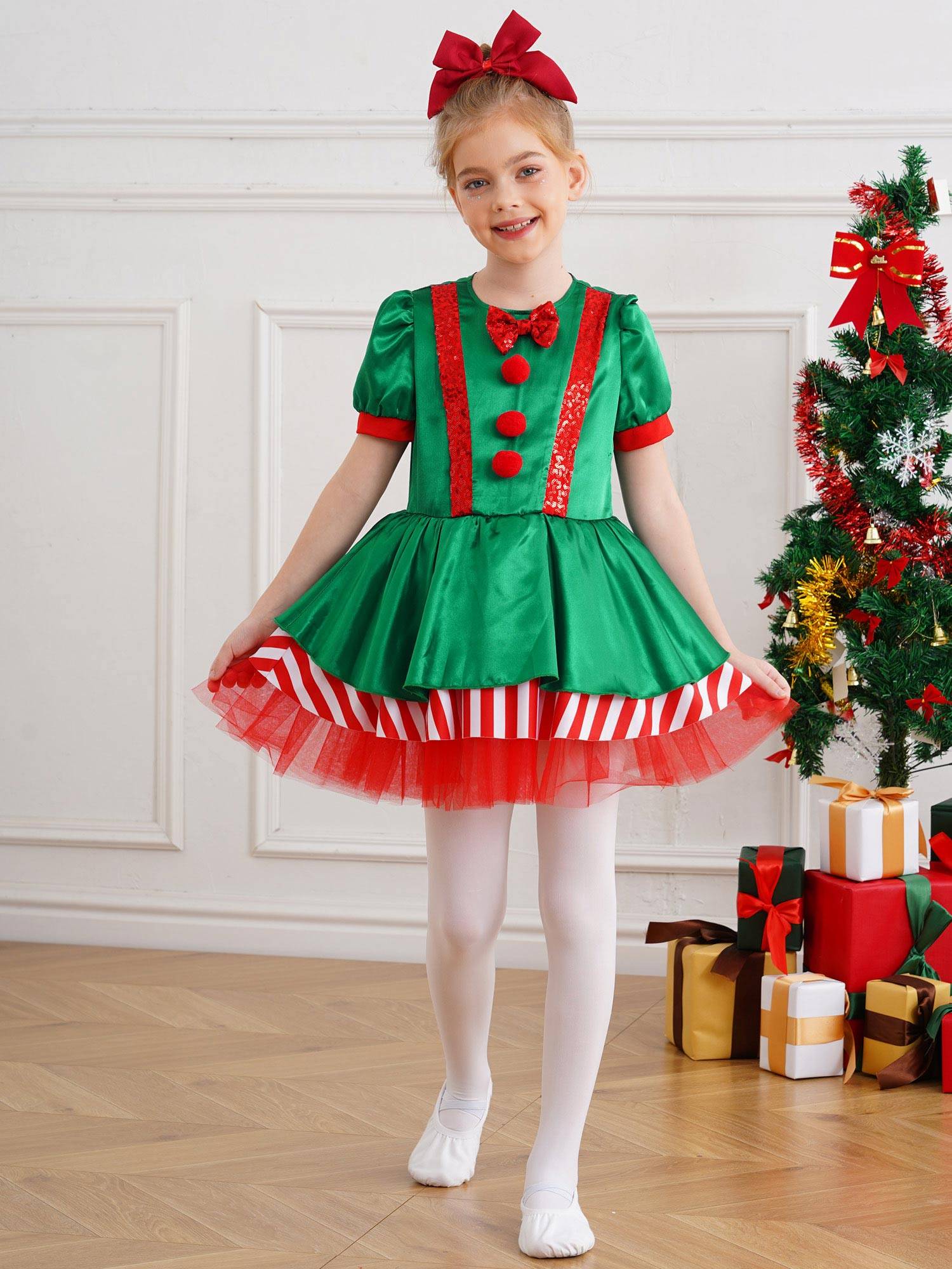 Kids Girls Christmas Short Sleeve Sequins Striped Tutu Dress Candy Cane Costume