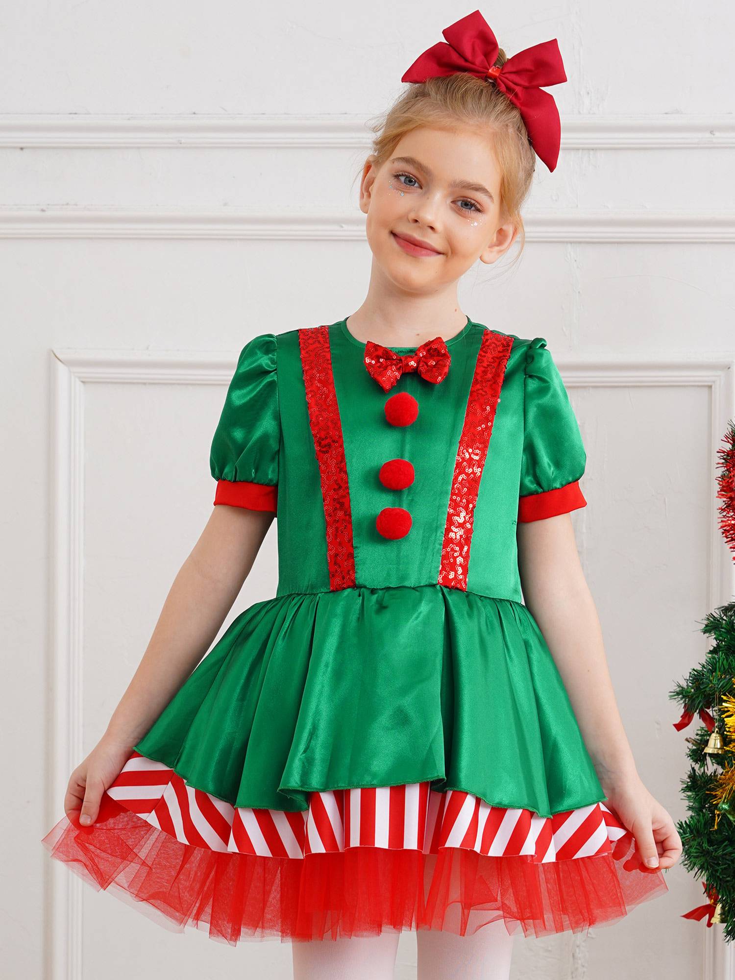 Kids Girls Christmas Short Sleeve Sequins Striped Tutu Dress Candy Cane Costume