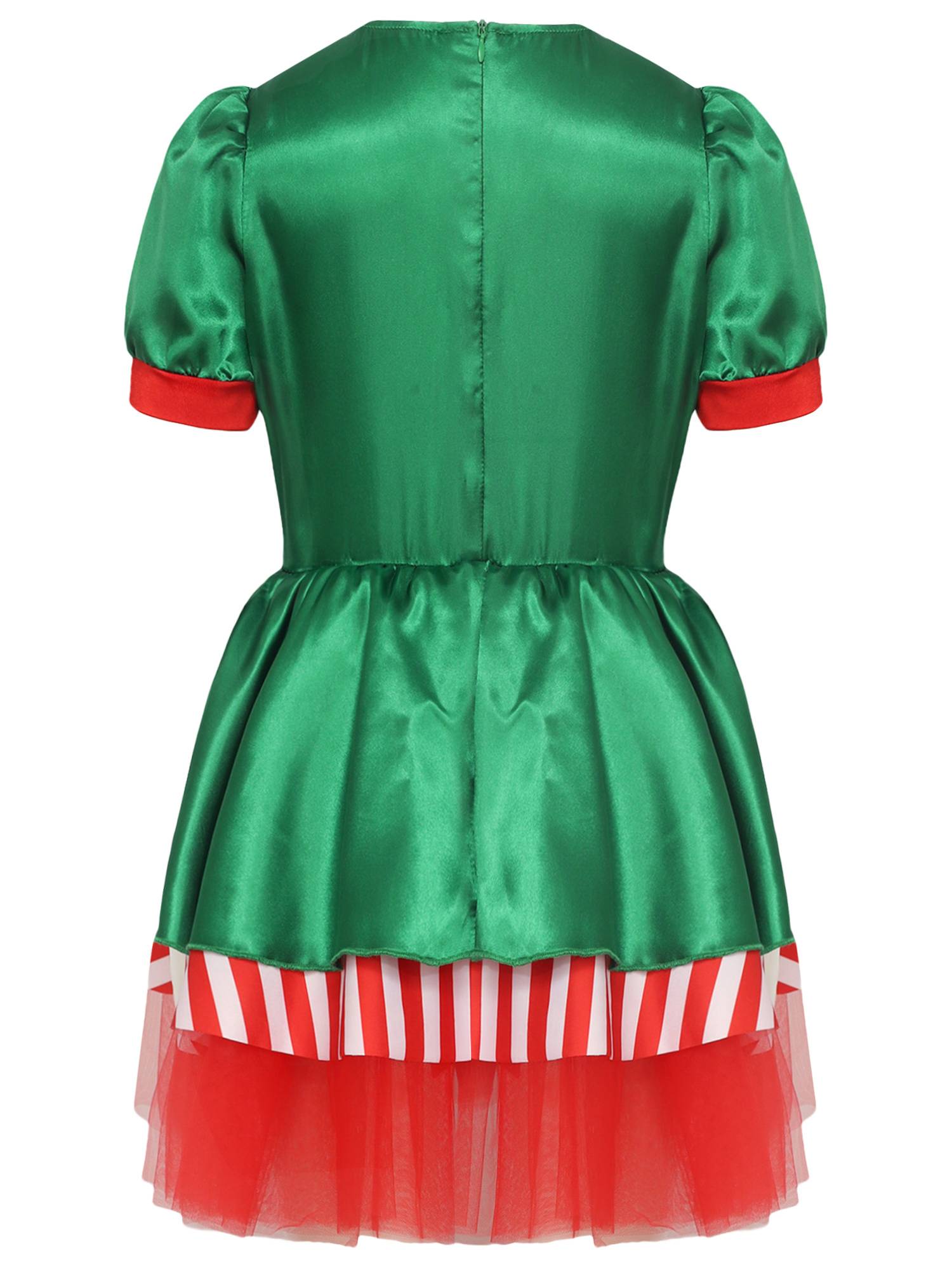 Kids Girls Christmas Short Sleeve Sequins Striped Tutu Dress Candy Cane Costume