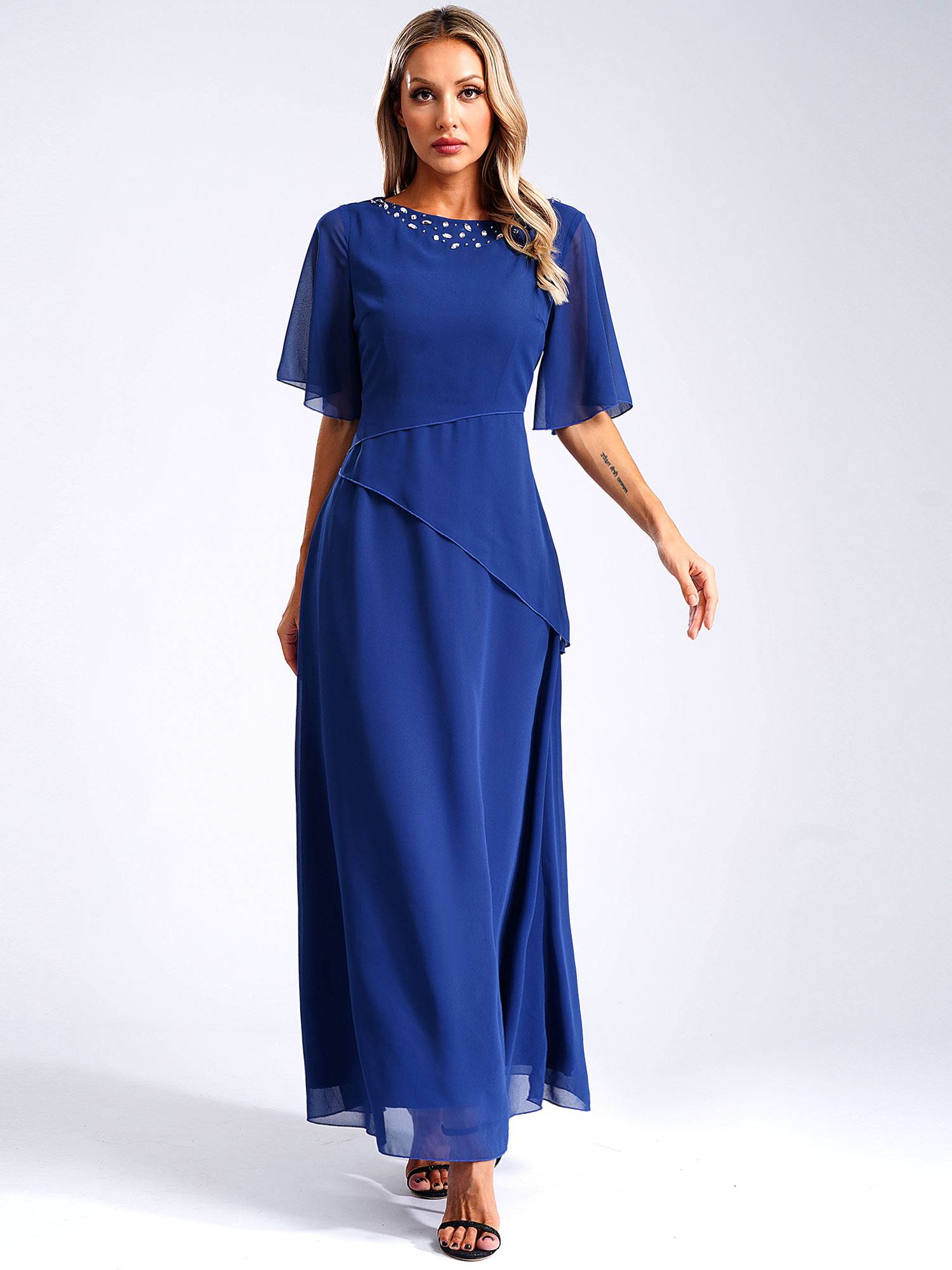 Women Short Sleeve Chiffon Beading Wedding Guest Maxi Dress
