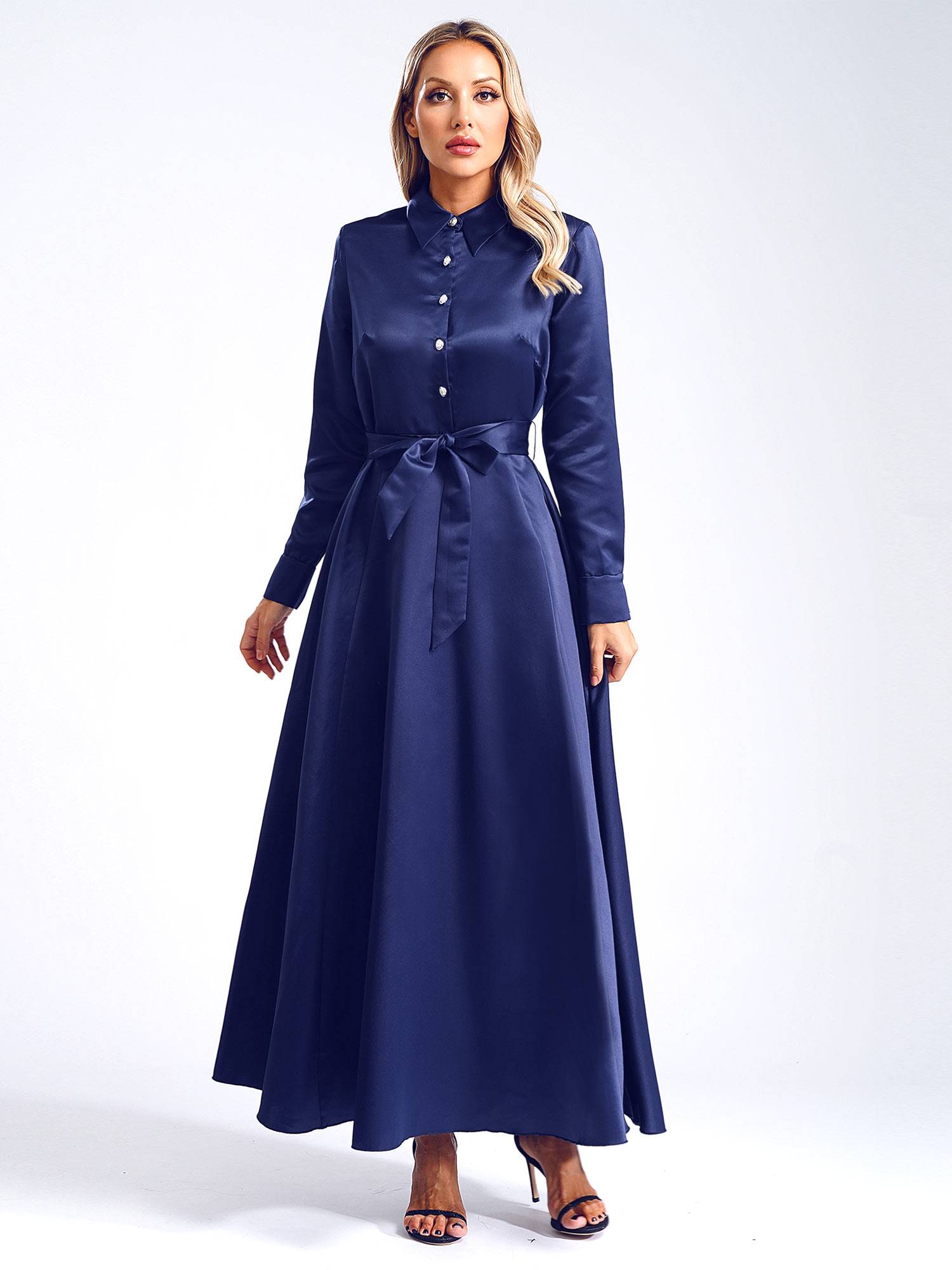Women Long Sleeve Front Button Satin Maxi Dress with Belt for Evening Party