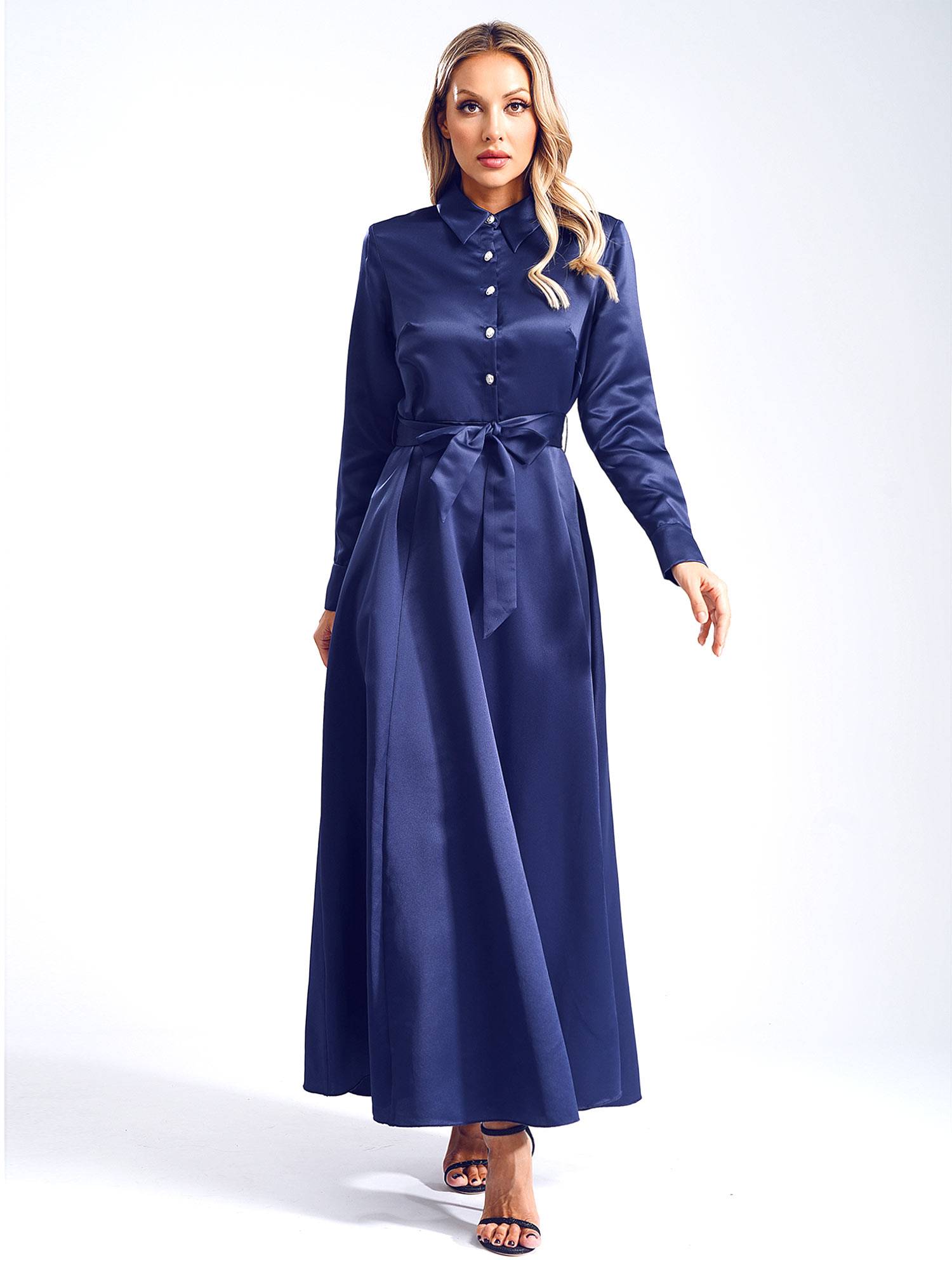 Women Long Sleeve Front Button Satin Maxi Dress with Belt for Evening Party