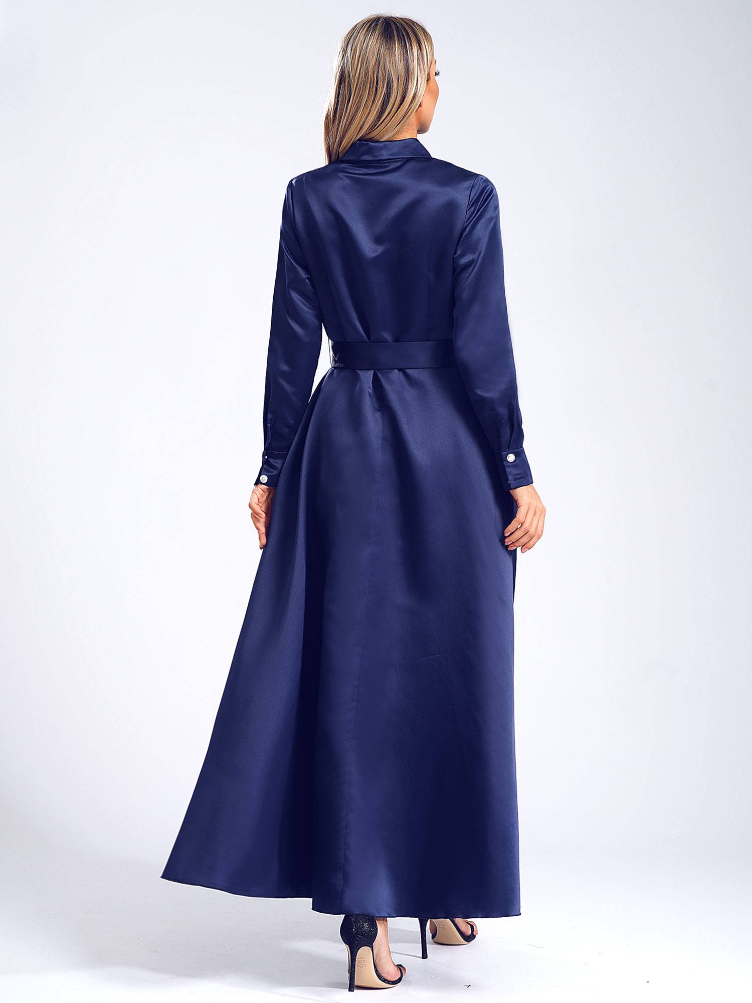 Women Long Sleeve Front Button Satin Maxi Dress with Belt for Evening Party