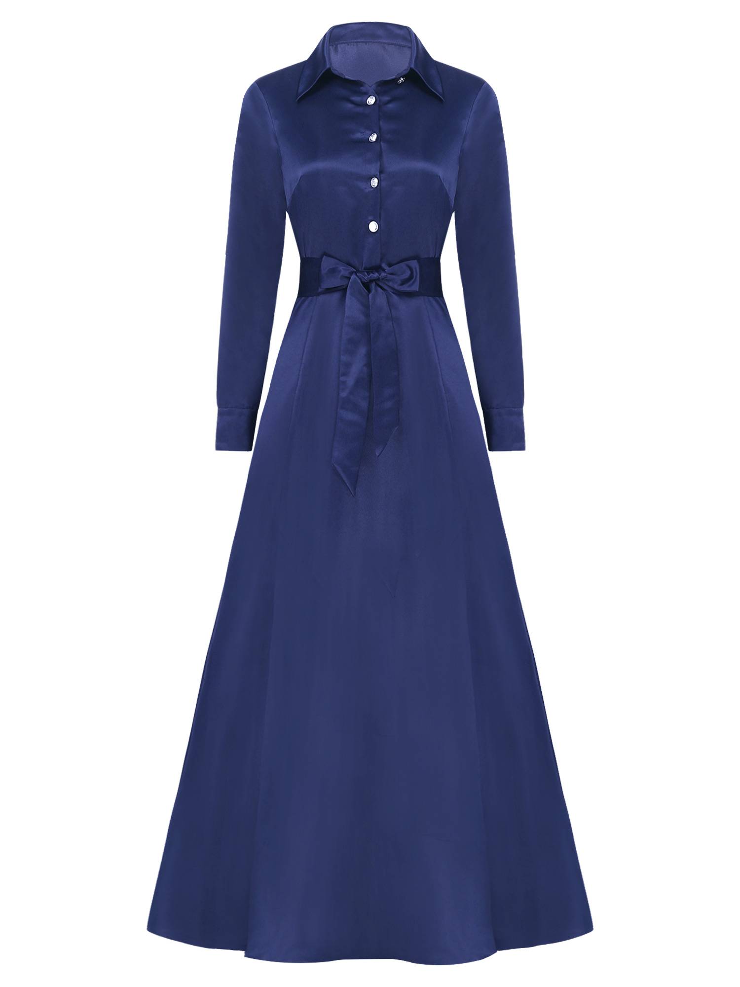 Women Long Sleeve Front Button Satin Maxi Dress with Belt for Evening Party