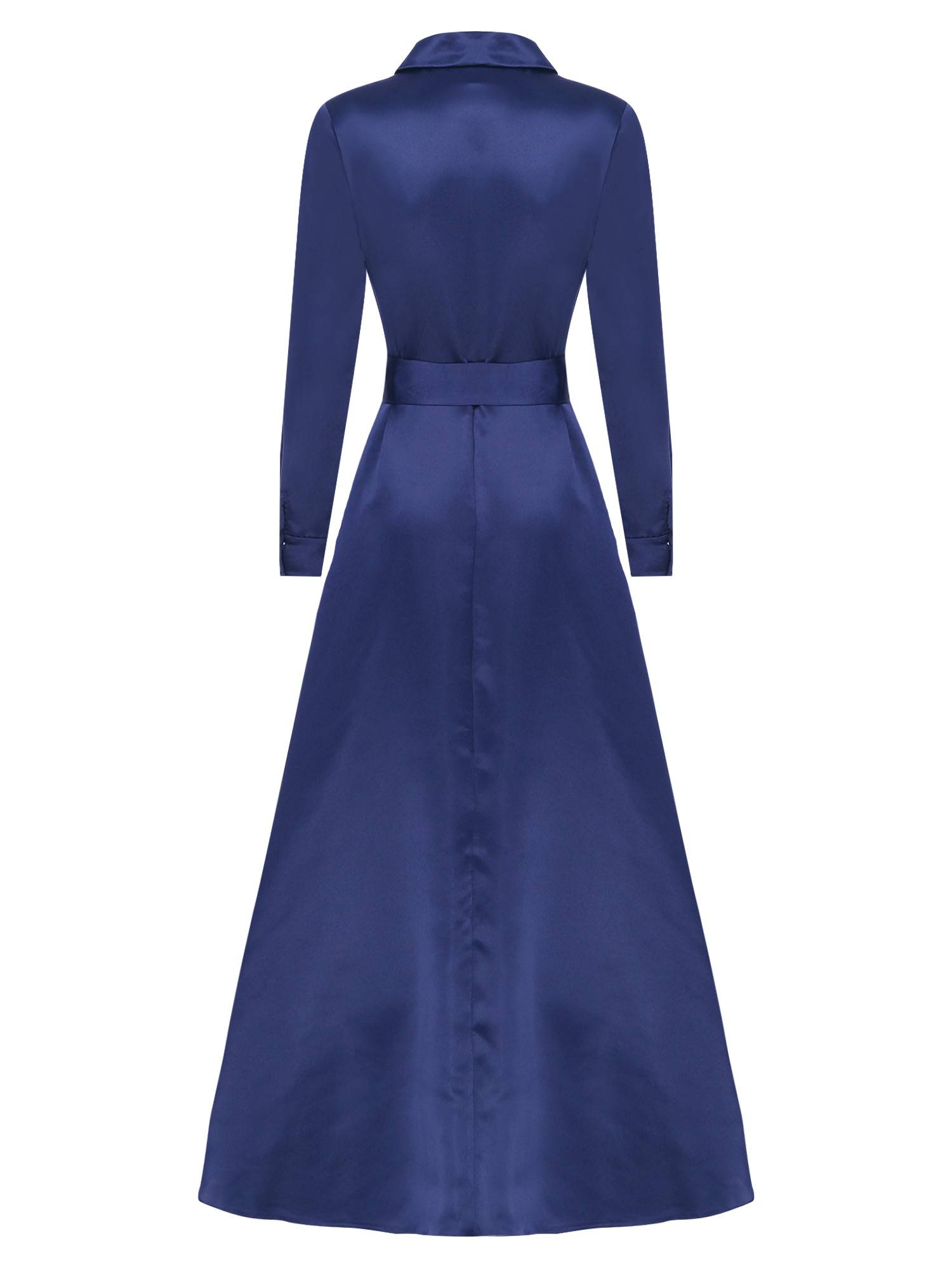 Women Long Sleeve Front Button Satin Maxi Dress with Belt for Evening Party