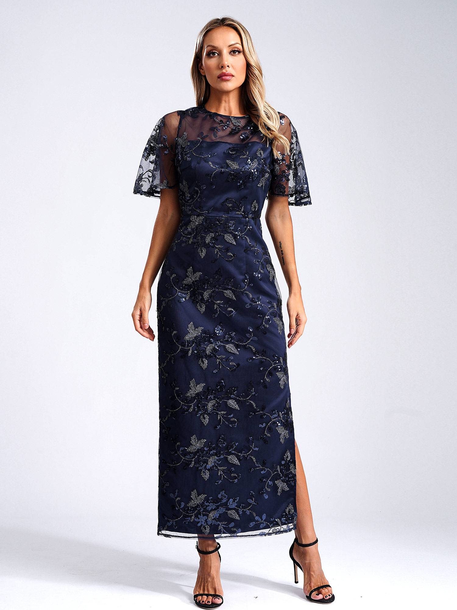 Women Short Sleeve Round Neck Sequin Slit Embroidery Mesh Mother of Bride Dress