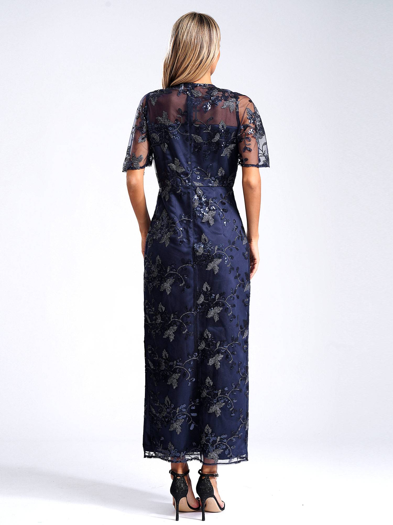 Women Short Sleeve Round Neck Sequin Slit Embroidery Mesh Mother of Bride Dress