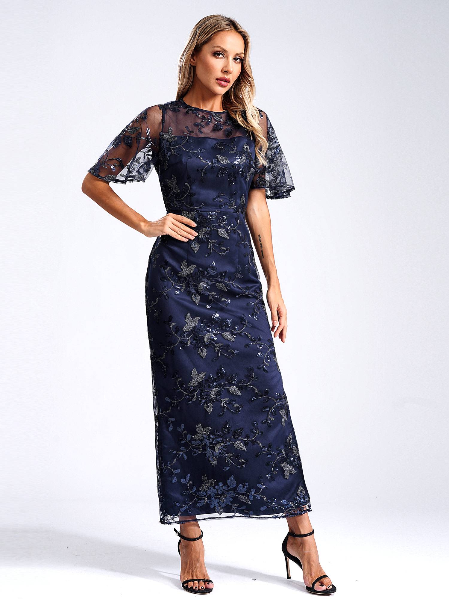 Women Short Sleeve Round Neck Sequin Slit Embroidery Mesh Mother of Bride Dress