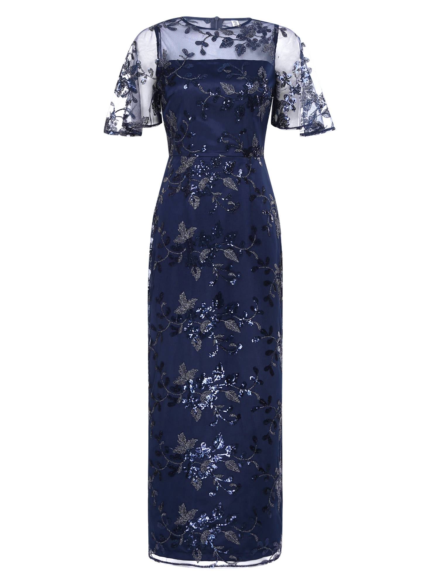 Women Short Sleeve Round Neck Sequin Slit Embroidery Mesh Mother of Bride Dress