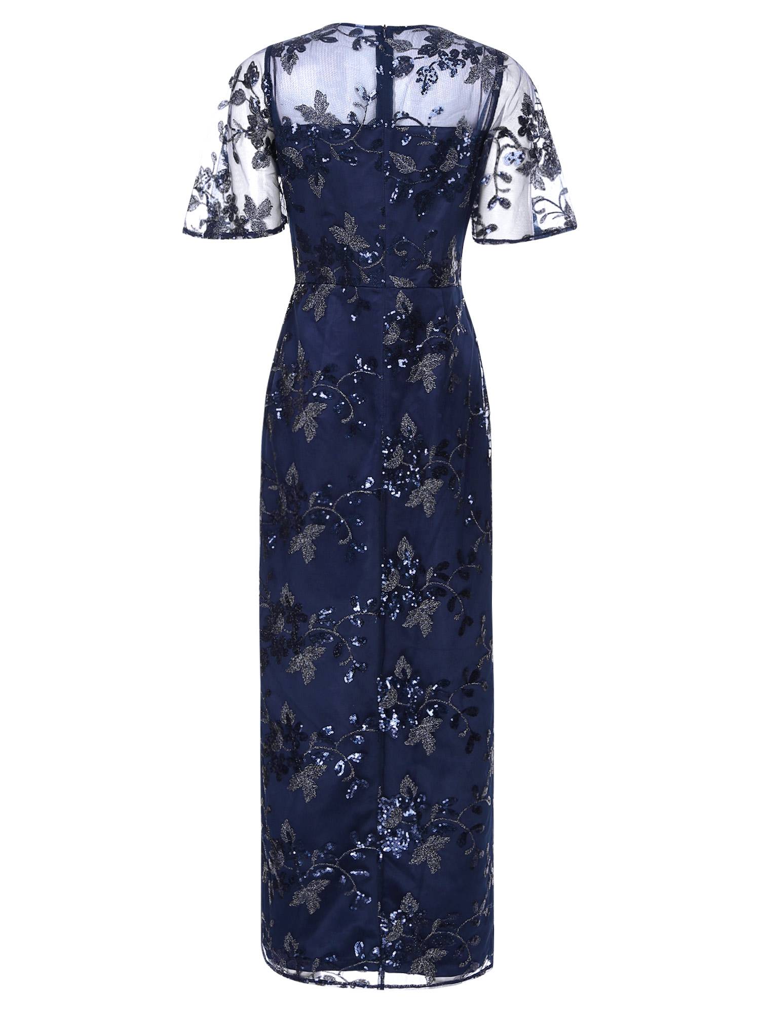 Women Short Sleeve Round Neck Sequin Slit Embroidery Mesh Mother of Bride Dress