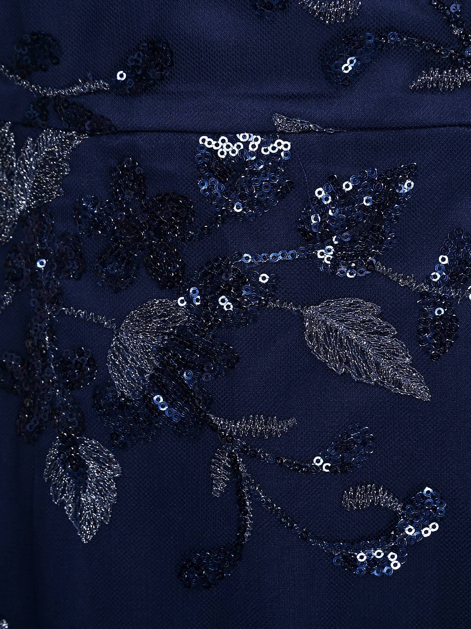 Women Short Sleeve Round Neck Sequin Slit Embroidery Mesh Mother of Bride Dress