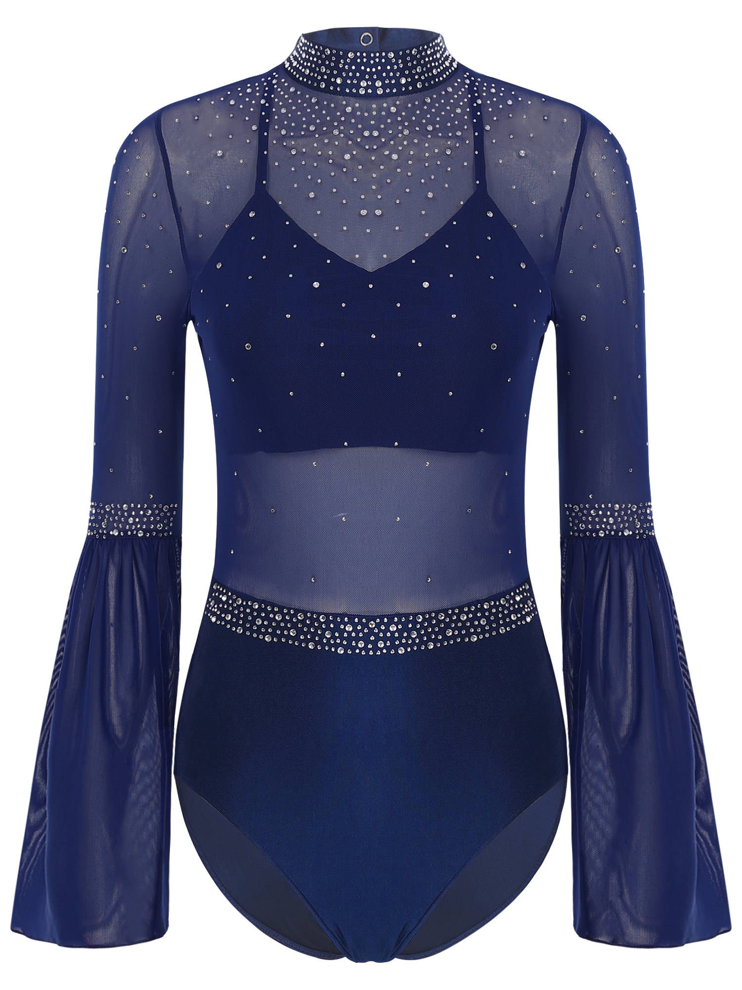 Women Flare Sleeve Keyhole Back Rhinestones Mesh Figure Skating Leotard