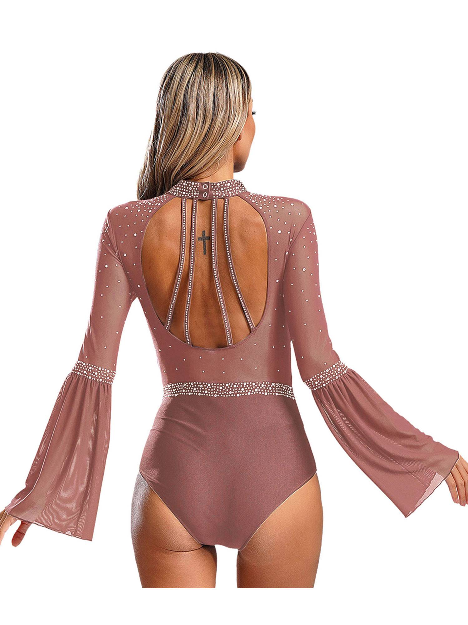 Women Flare Sleeve Keyhole Back Rhinestones Mesh Figure Skating Leotard