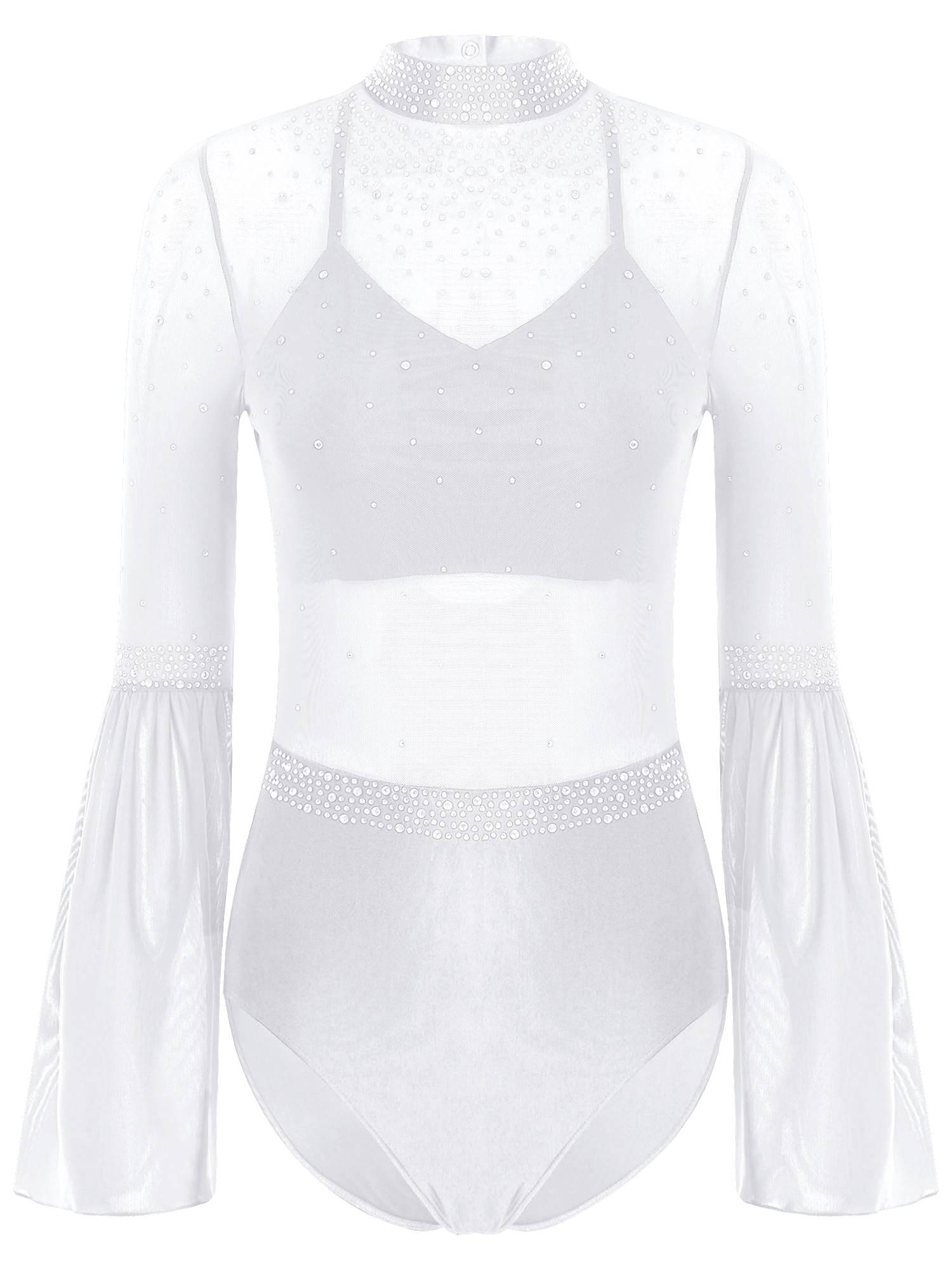Women Flare Sleeve Keyhole Back Rhinestones Mesh Figure Skating Leotard