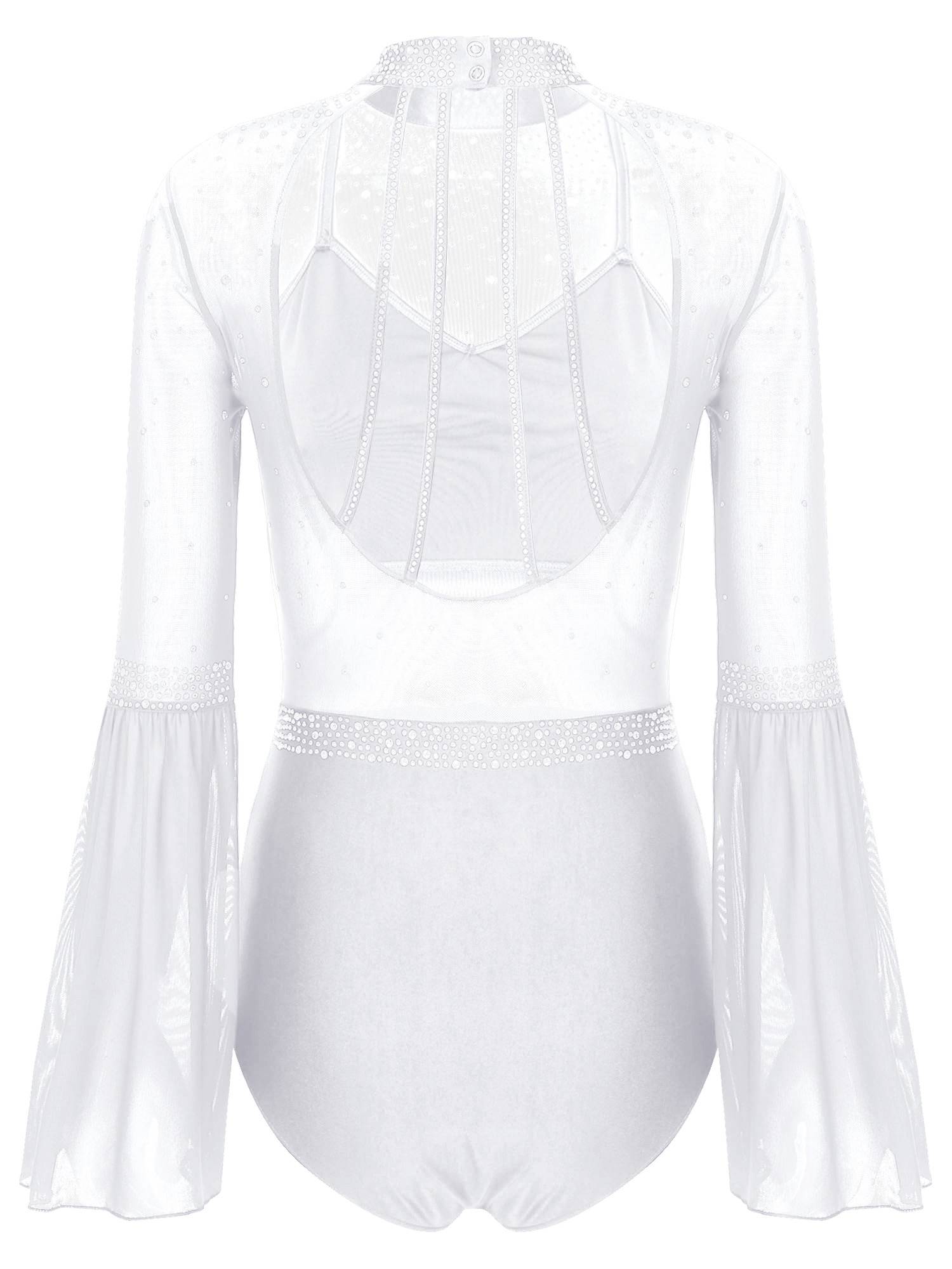 Women Flare Sleeve Keyhole Back Rhinestones Mesh Figure Skating Leotard