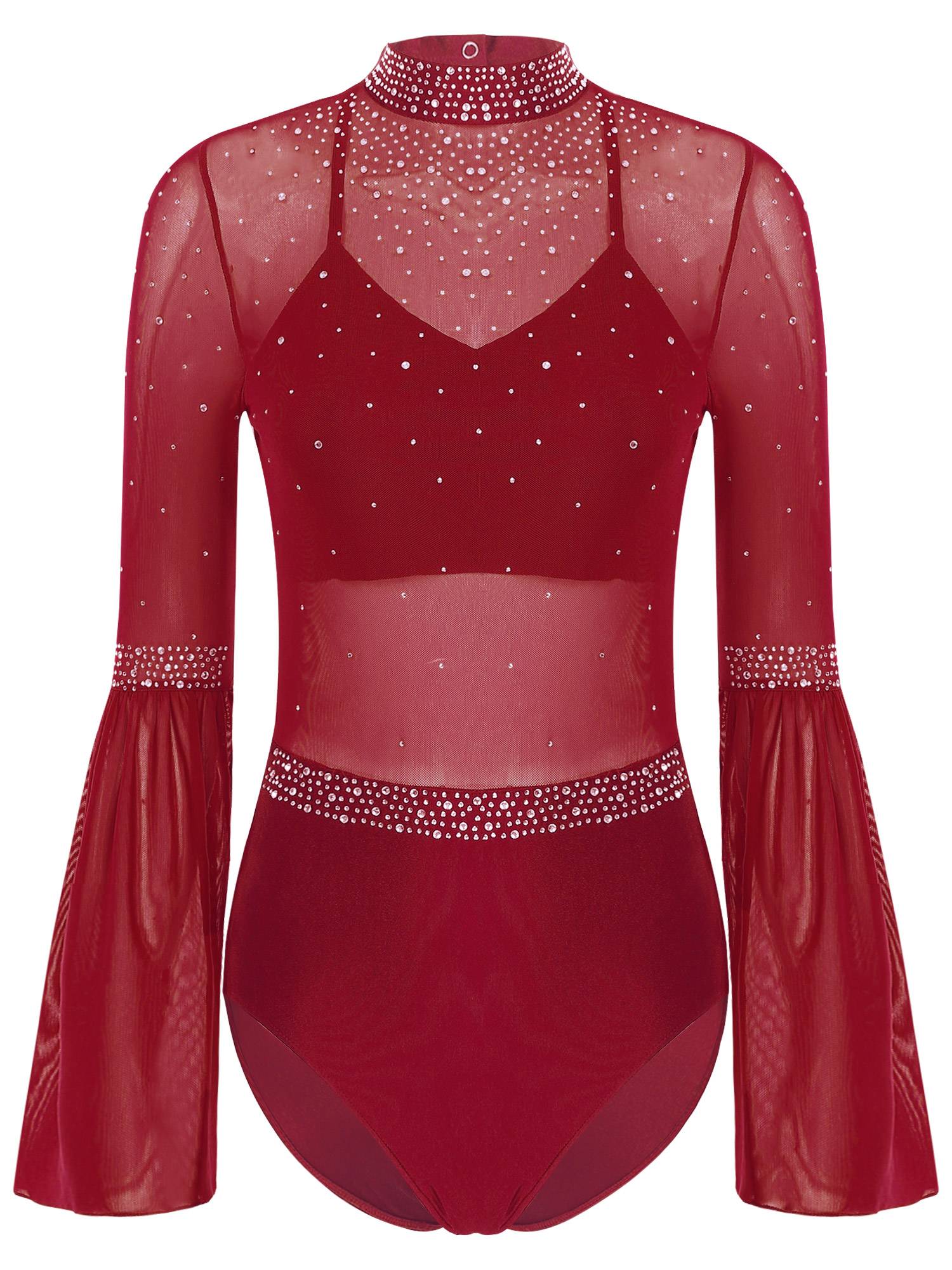 Women Flare Sleeve Keyhole Back Rhinestones Mesh Figure Skating Leotard