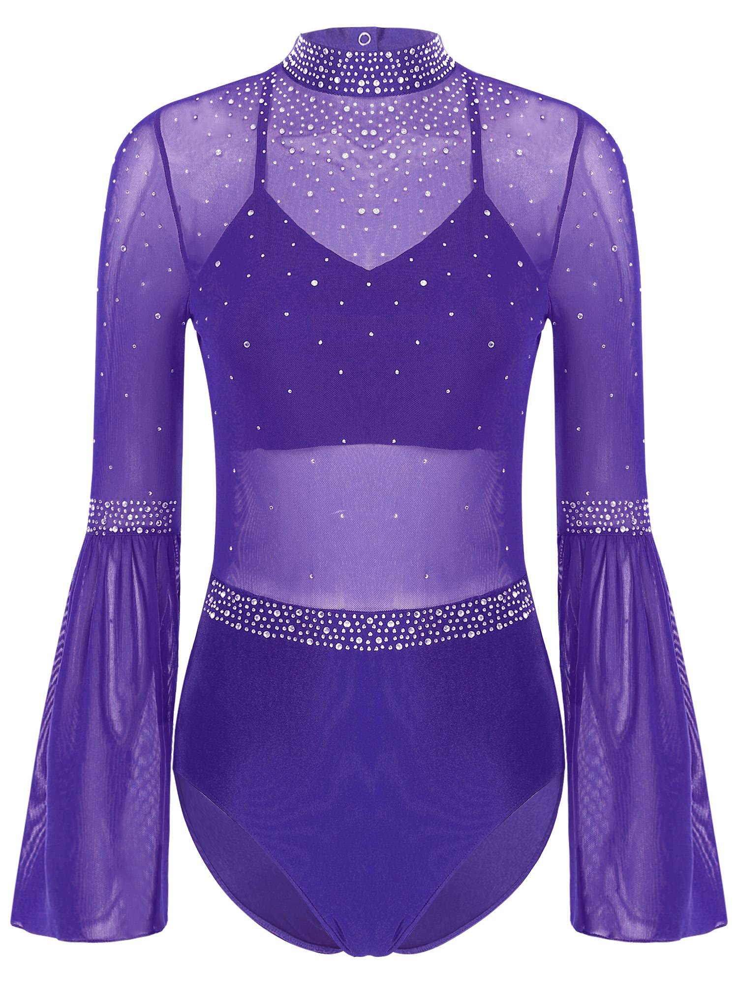 Women Flare Sleeve Keyhole Back Rhinestones Mesh Figure Skating Leotard