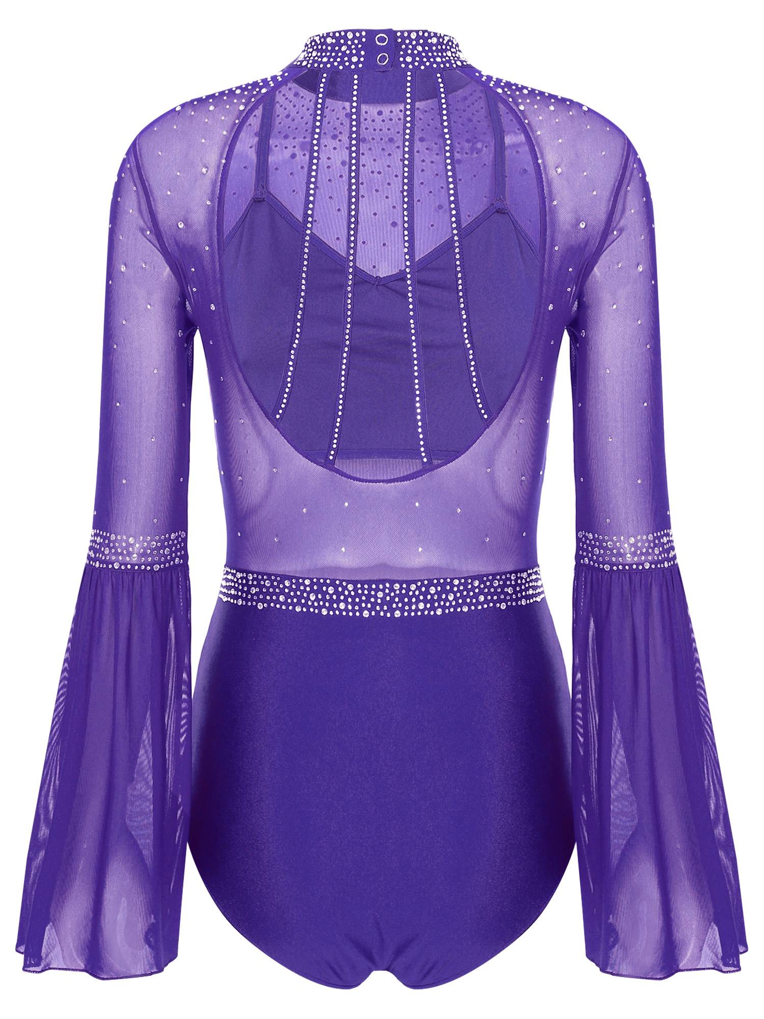 Women Flare Sleeve Keyhole Back Rhinestones Mesh Figure Skating Leotard