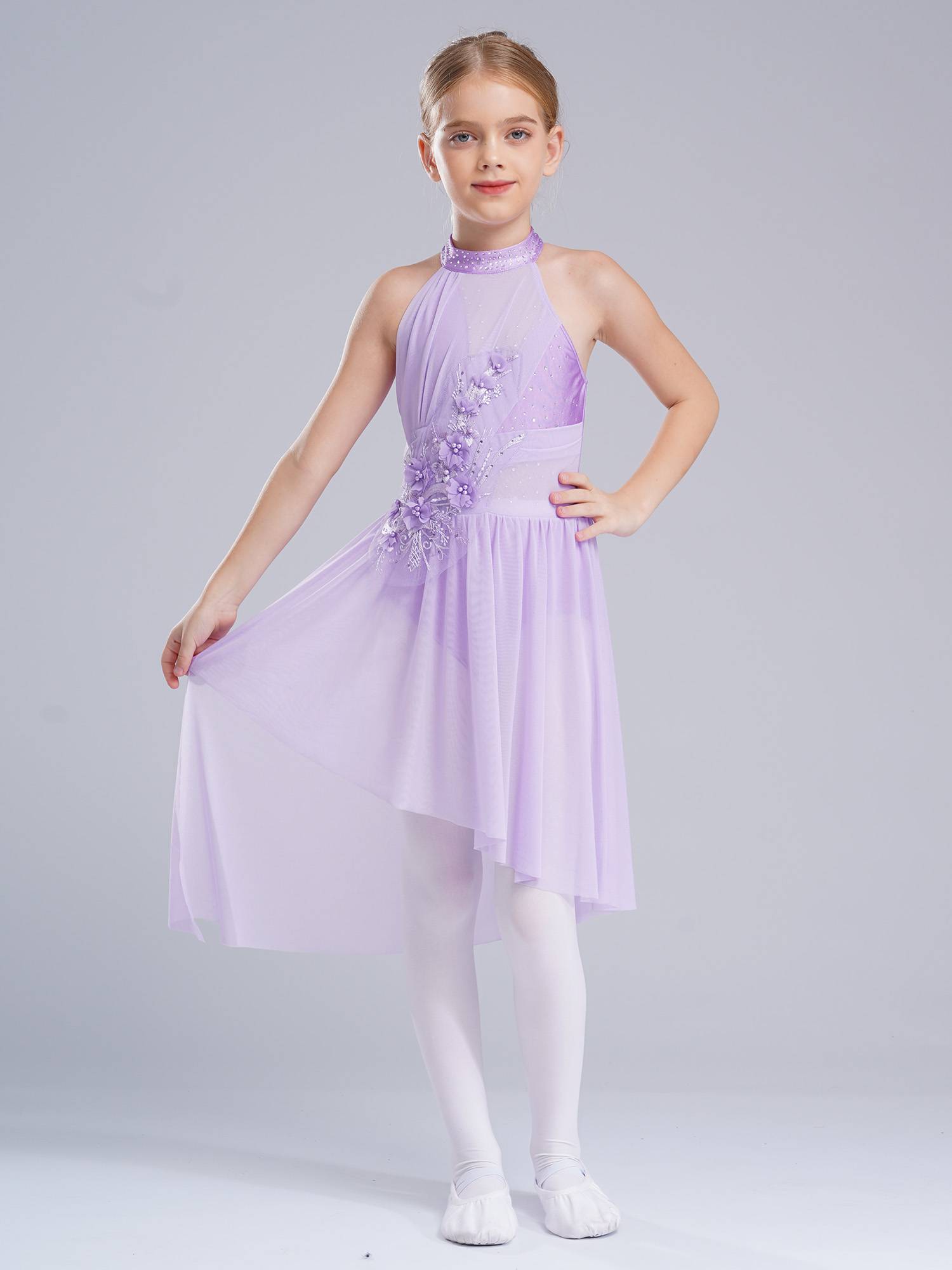 Kids Girls Sleeveless Flower Applique Asymmetrical Lyrical Dance Dress