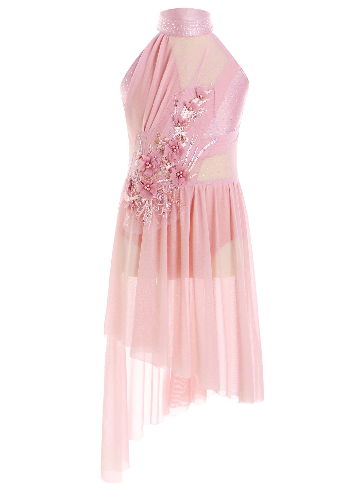 Kids Girls Sleeveless Flower Applique Asymmetrical Lyrical Dance Dress