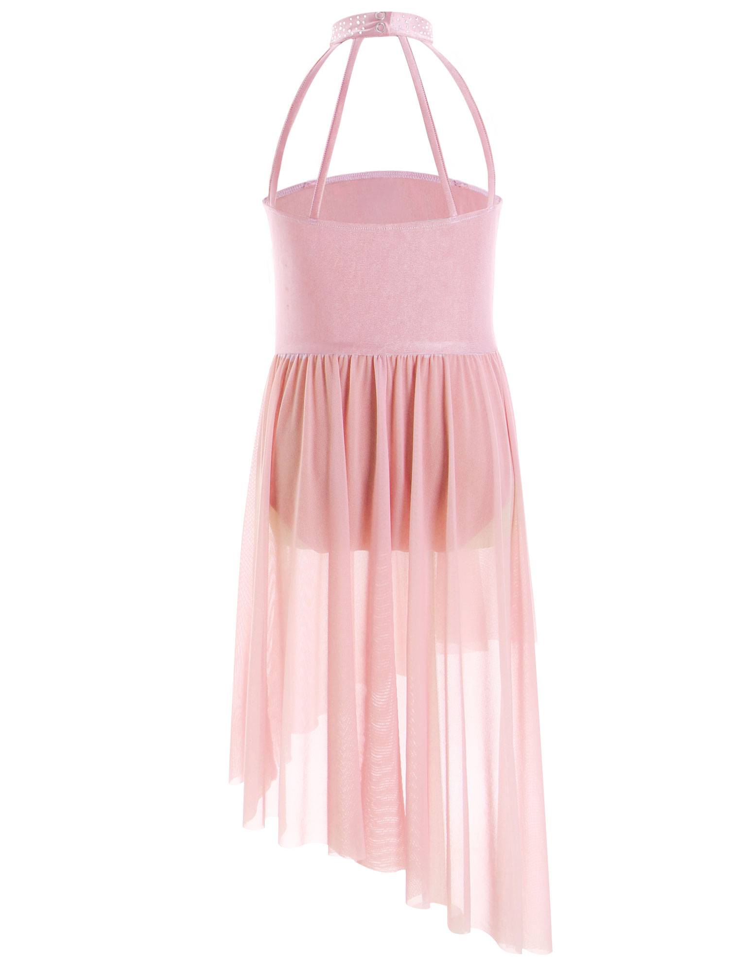 Kids Girls Sleeveless Flower Applique Asymmetrical Lyrical Dance Dress