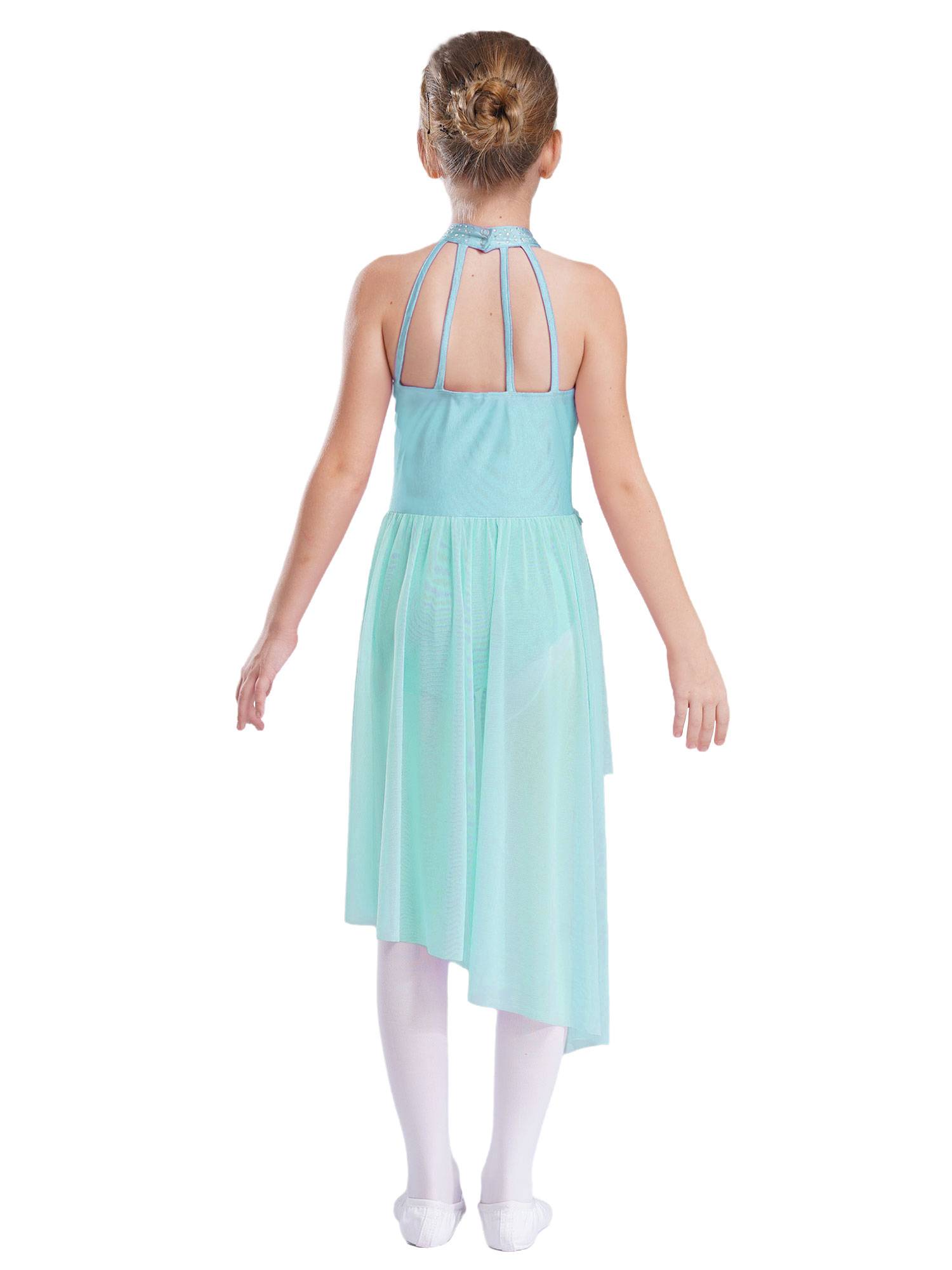 Kids Girls Sleeveless Flower Applique Asymmetrical Lyrical Dance Dress