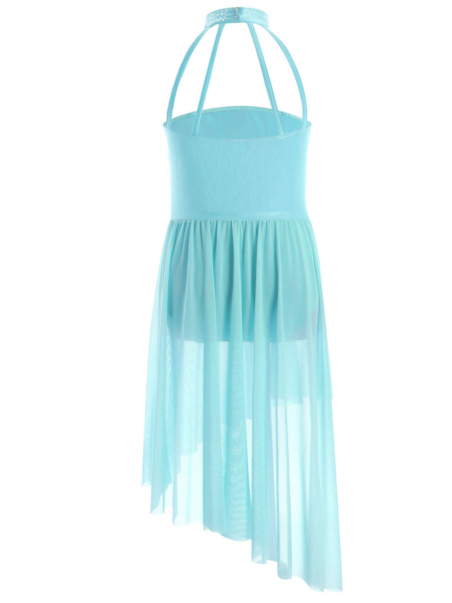 Kids Girls Sleeveless Flower Applique Asymmetrical Lyrical Dance Dress