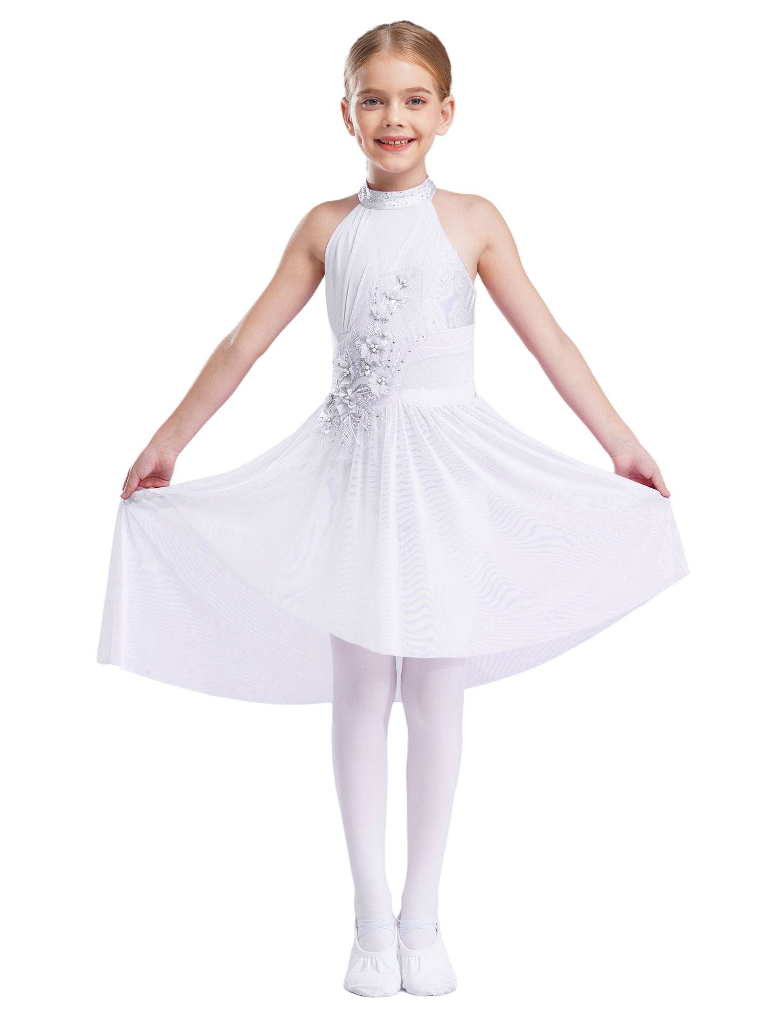 Kids Girls Sleeveless Flower Applique Asymmetrical Lyrical Dance Dress