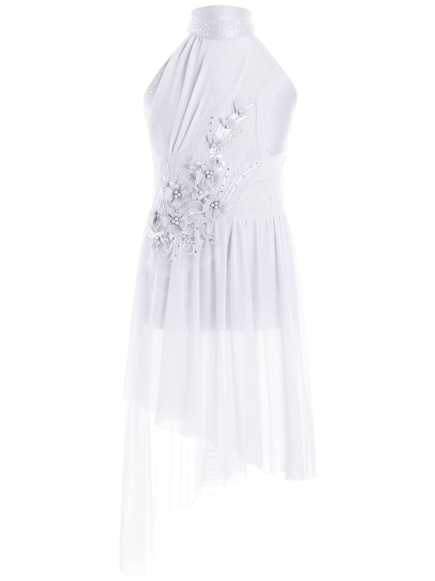 Kids Girls Sleeveless Flower Applique Asymmetrical Lyrical Dance Dress