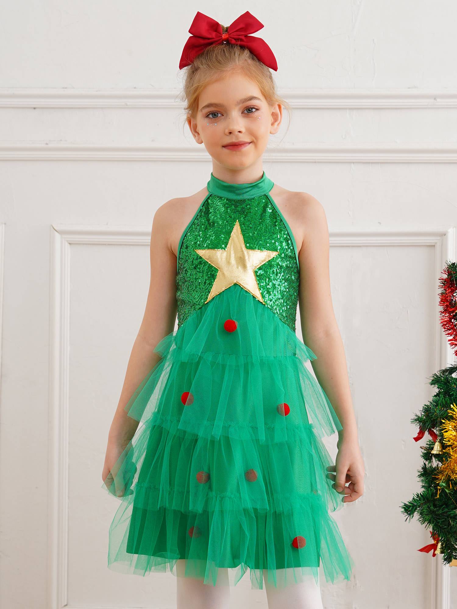 Girl Christmas Sleeveless Sequins Pompoms Tiered Mesh Tutu Dress for Party