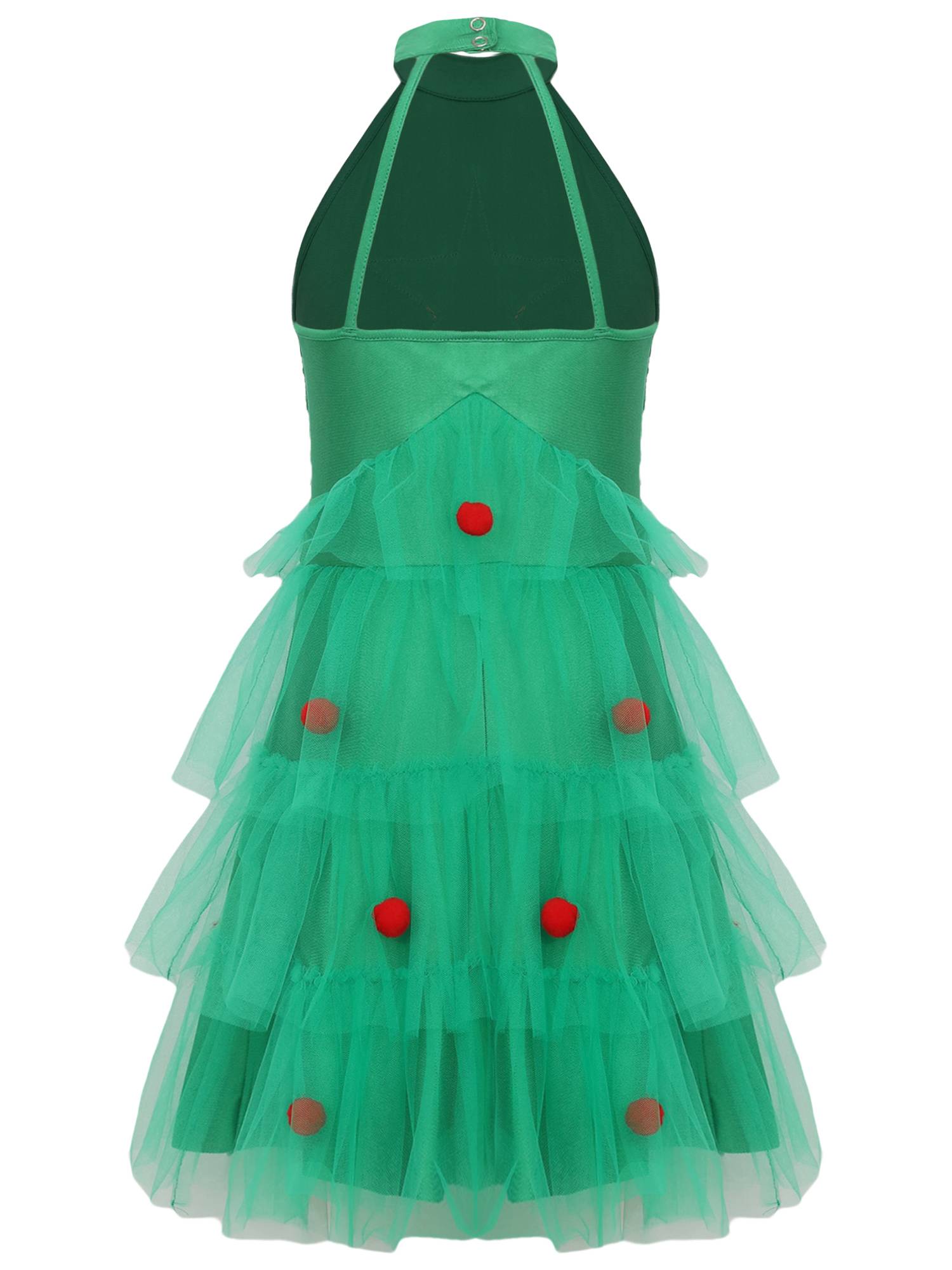 Girl Christmas Sleeveless Sequins Pompoms Tiered Mesh Tutu Dress for Party