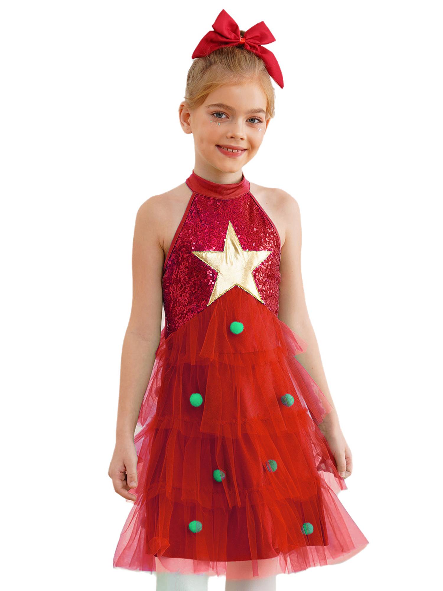 Girl Christmas Sleeveless Sequins Pompoms Tiered Mesh Tutu Dress for Party