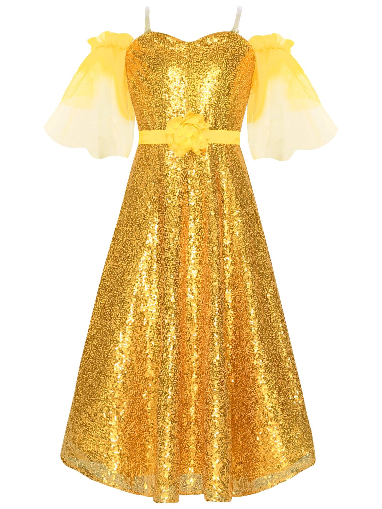 Kids Girls Short Sleeve Off the Shoulder Sequins A-line Junior Bridesmaid Dress