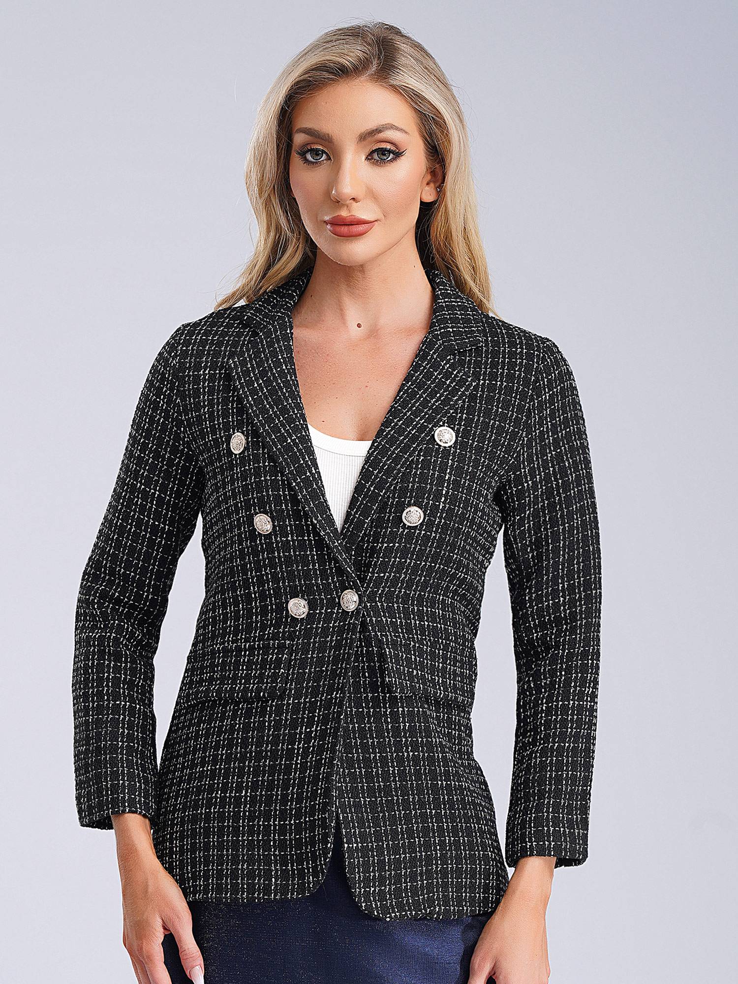Women Long-sleeve Lapel Buttoned Tweed Blazer for Formal Occasions