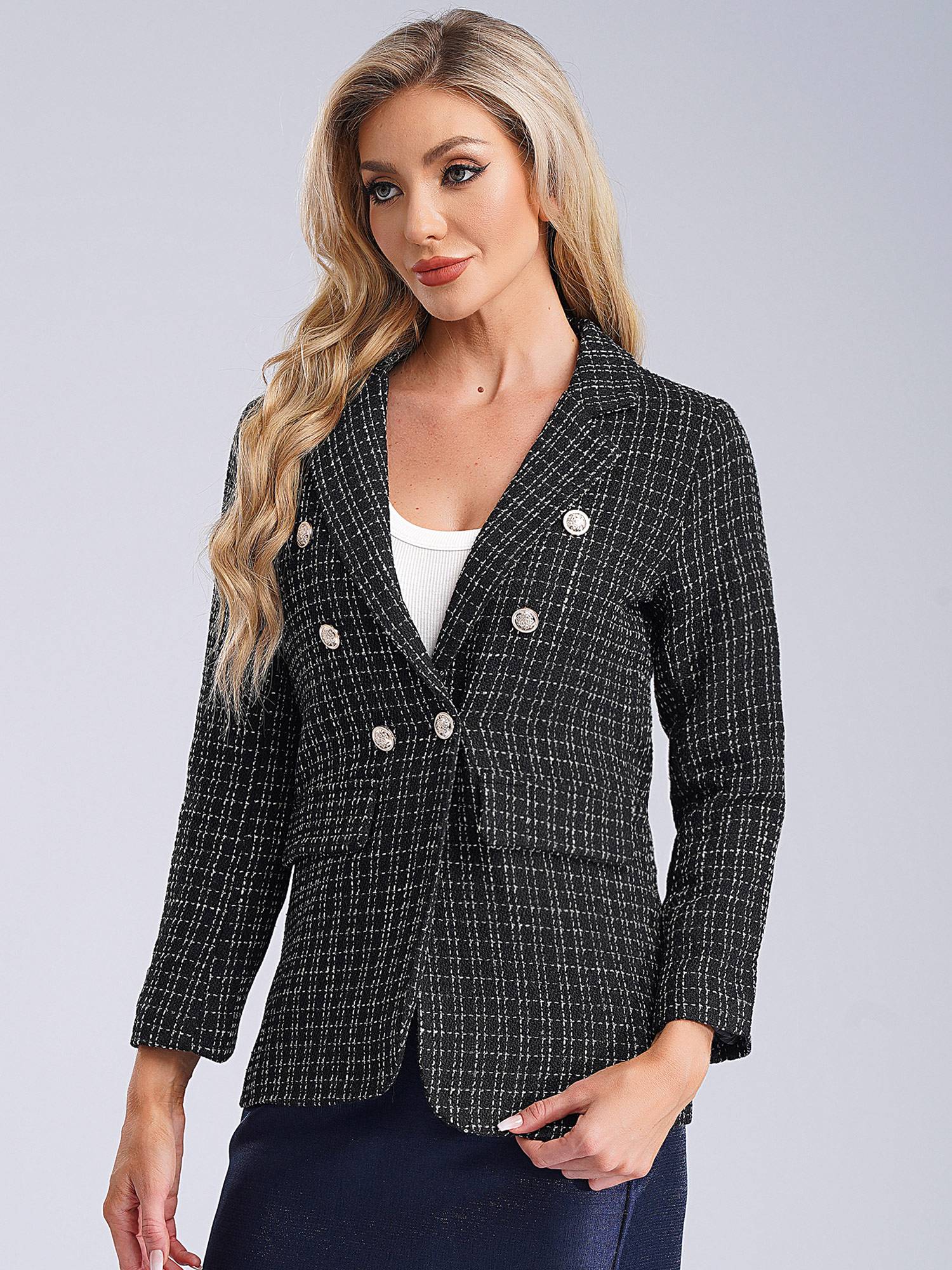 Women Long-sleeve Lapel Buttoned Tweed Blazer for Formal Occasions