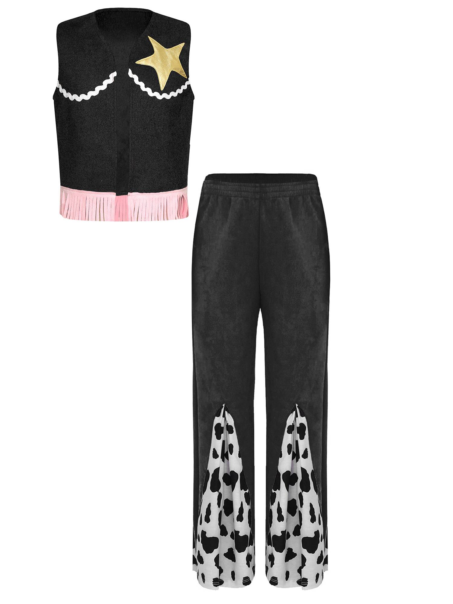 Girls 2pcs Sleeveless Star Fringe Vest and Cow Print Pants Cowboy Costume Set