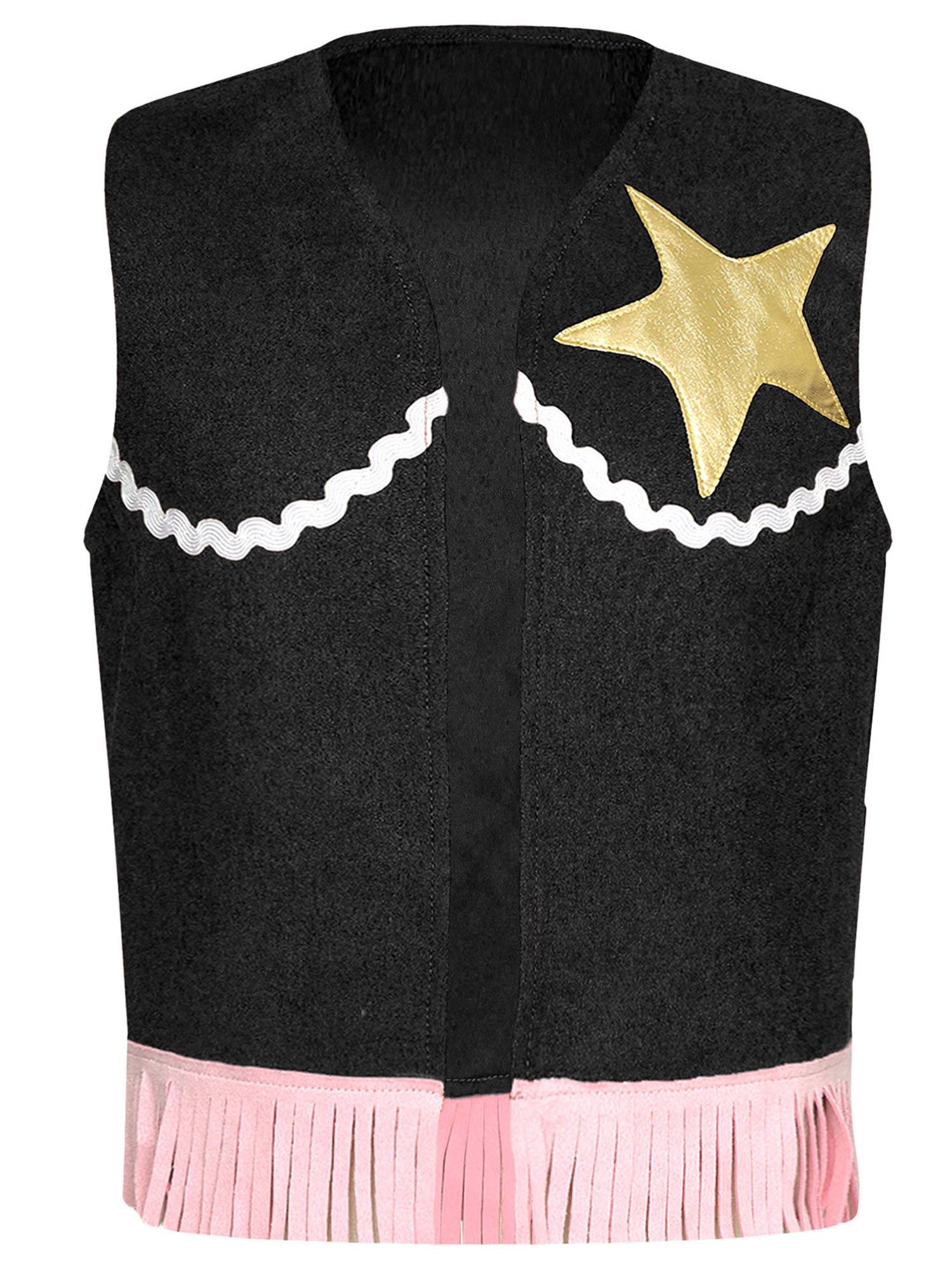 Girls 2pcs Sleeveless Star Fringe Vest and Cow Print Pants Cowboy Costume Set