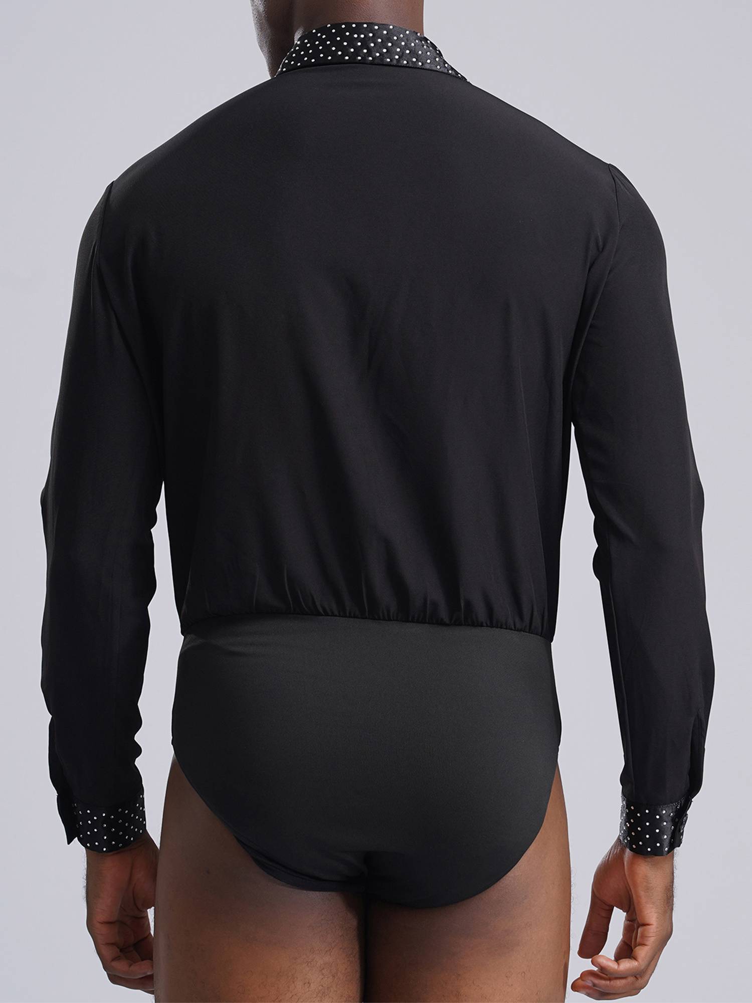 Men V-neck Long Sleeve Rhinestones Latin Dance Leotard