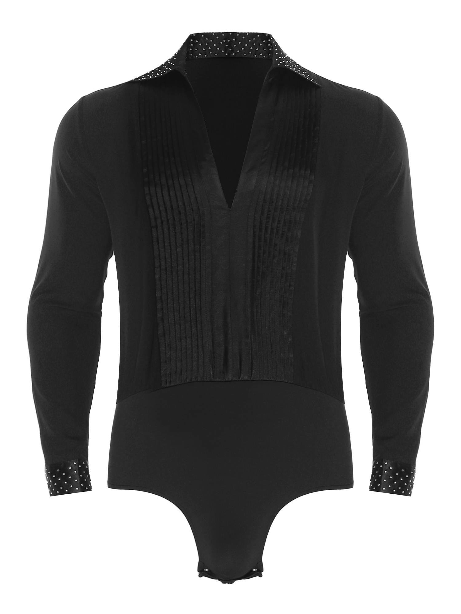 Men V-neck Long Sleeve Rhinestones Latin Dance Leotard