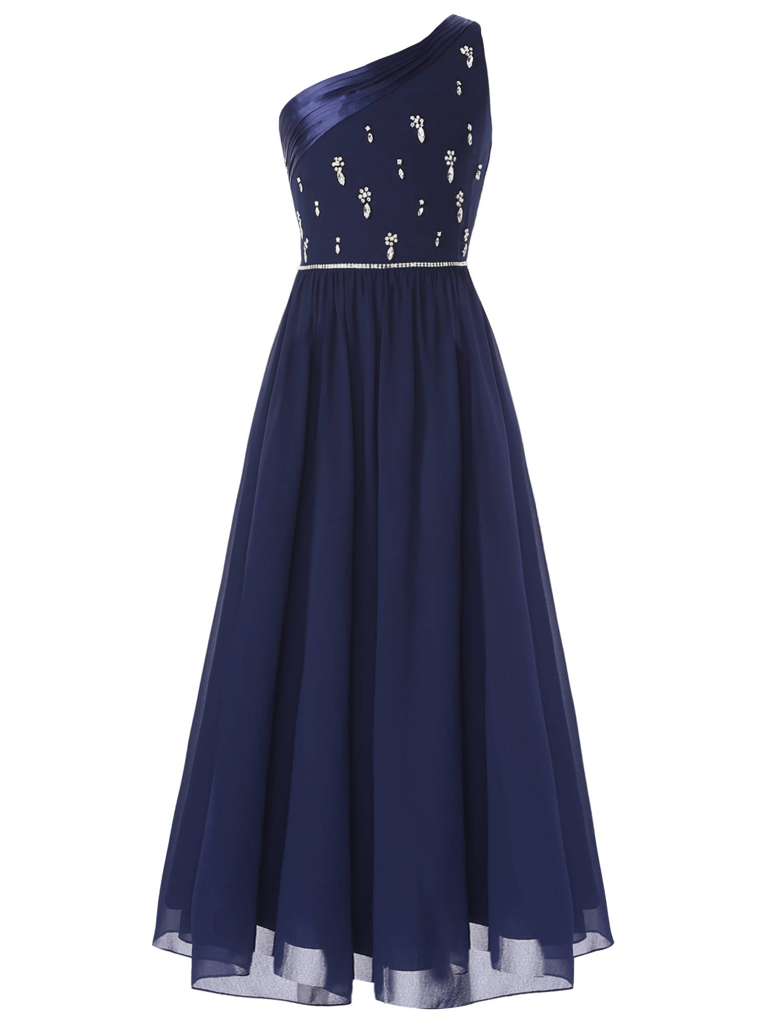 Girls One Shoulder Rhinestones Beaded Chiffon A-line Junior Bridesmaid Dress