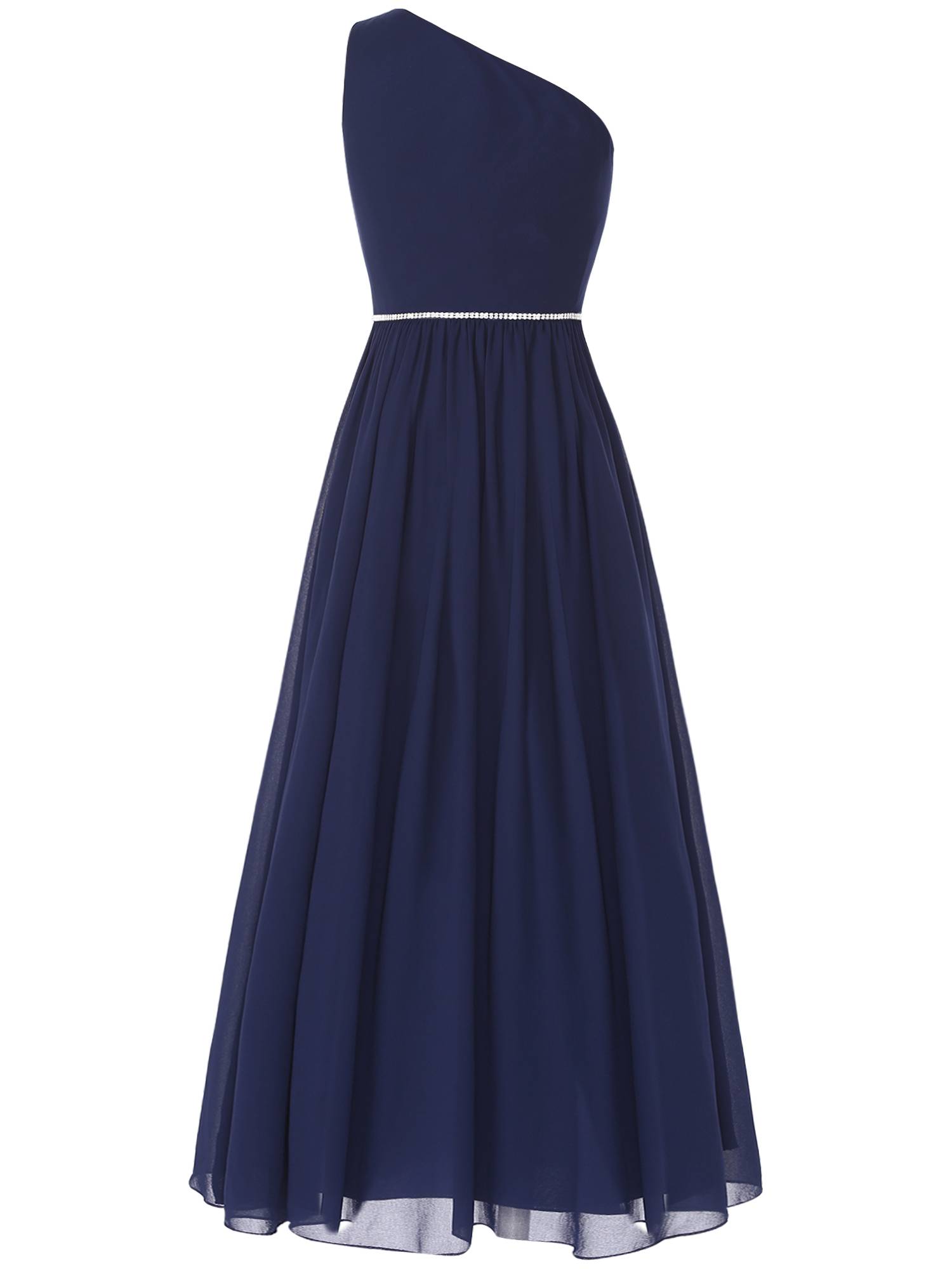 Girls One Shoulder Rhinestones Beaded Chiffon A-line Junior Bridesmaid Dress