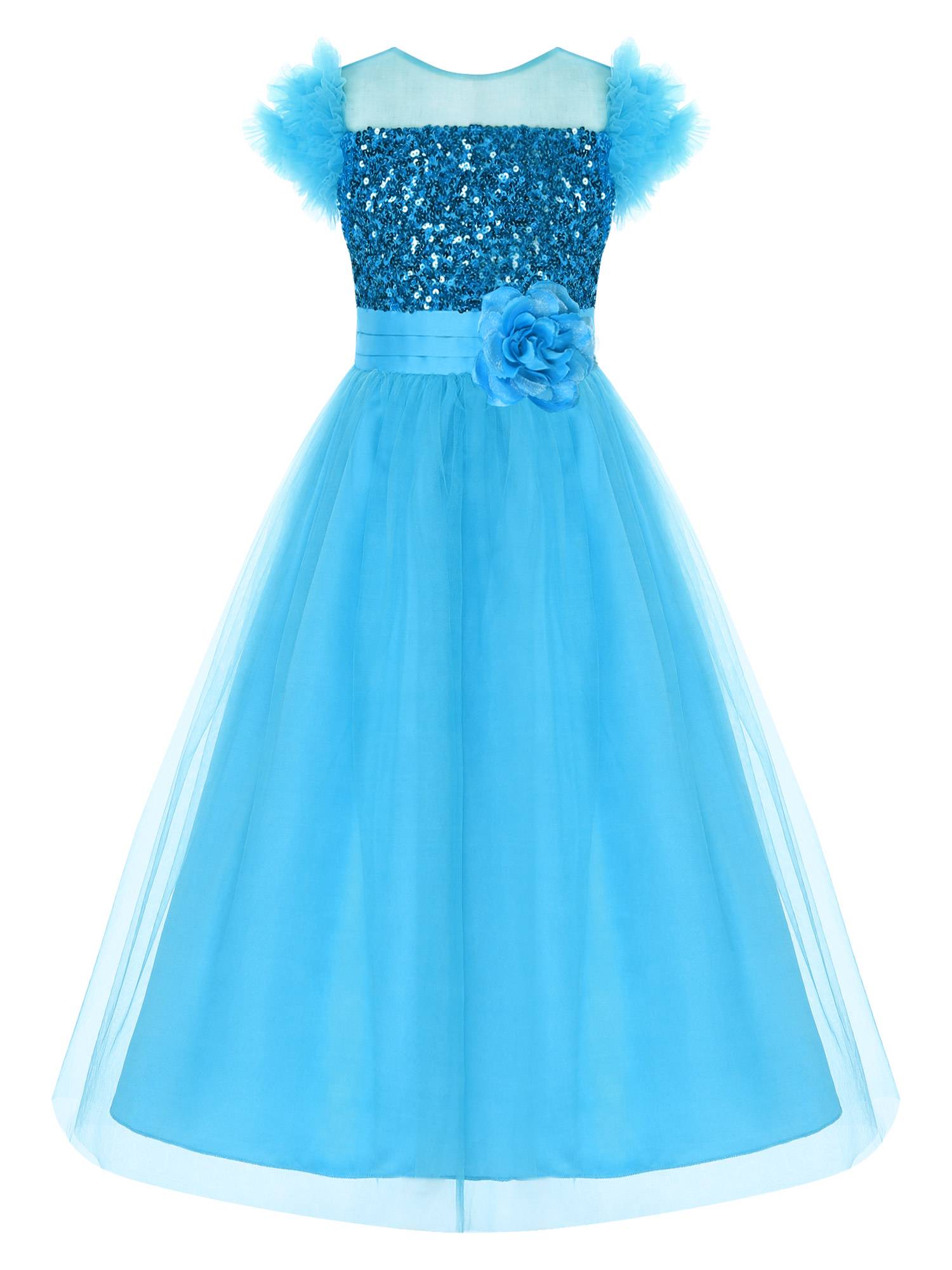 Kids Girls Sleeveless Sequin Mesh Maxi Flower Girl Dress with Belt