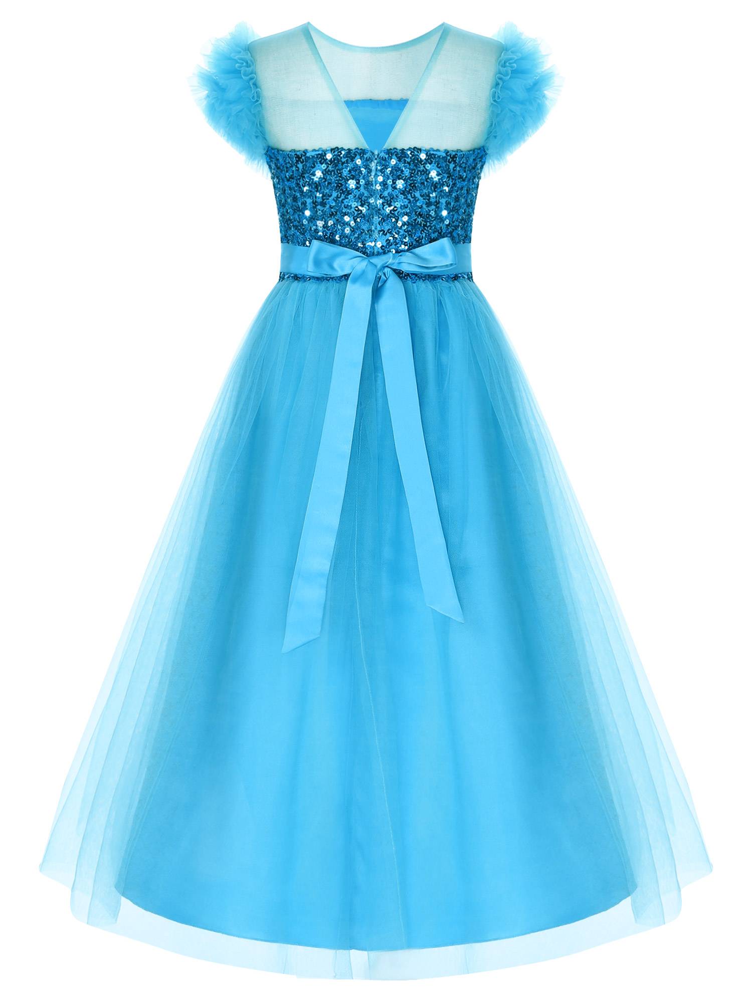 Kids Girls Sleeveless Sequin Mesh Maxi Flower Girl Dress with Belt