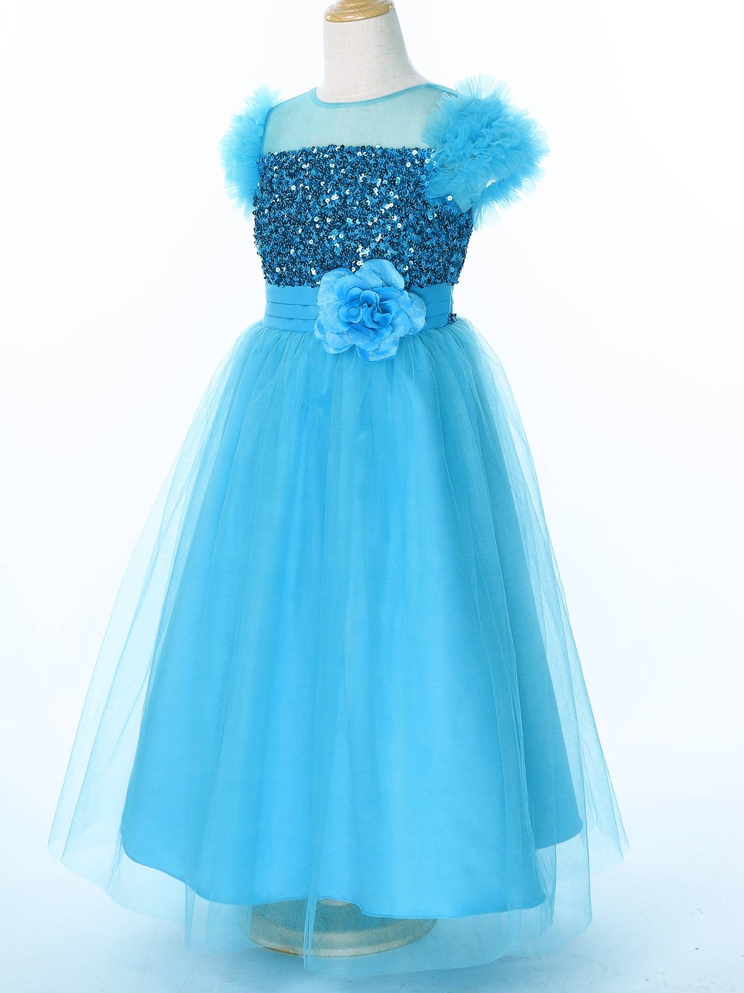 Kids Girls Sleeveless Sequin Mesh Maxi Flower Girl Dress with Belt