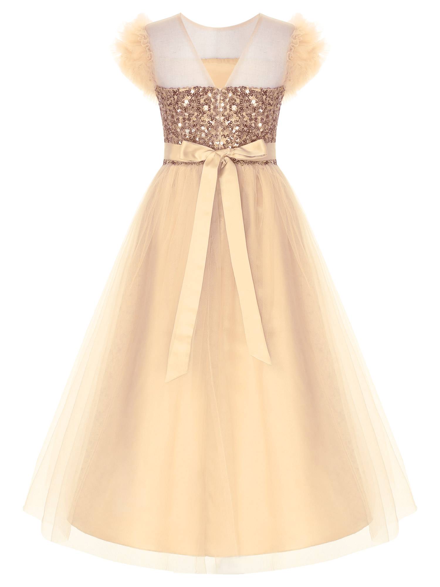 Kids Girls Sleeveless Sequin Mesh Maxi Flower Girl Dress with Belt