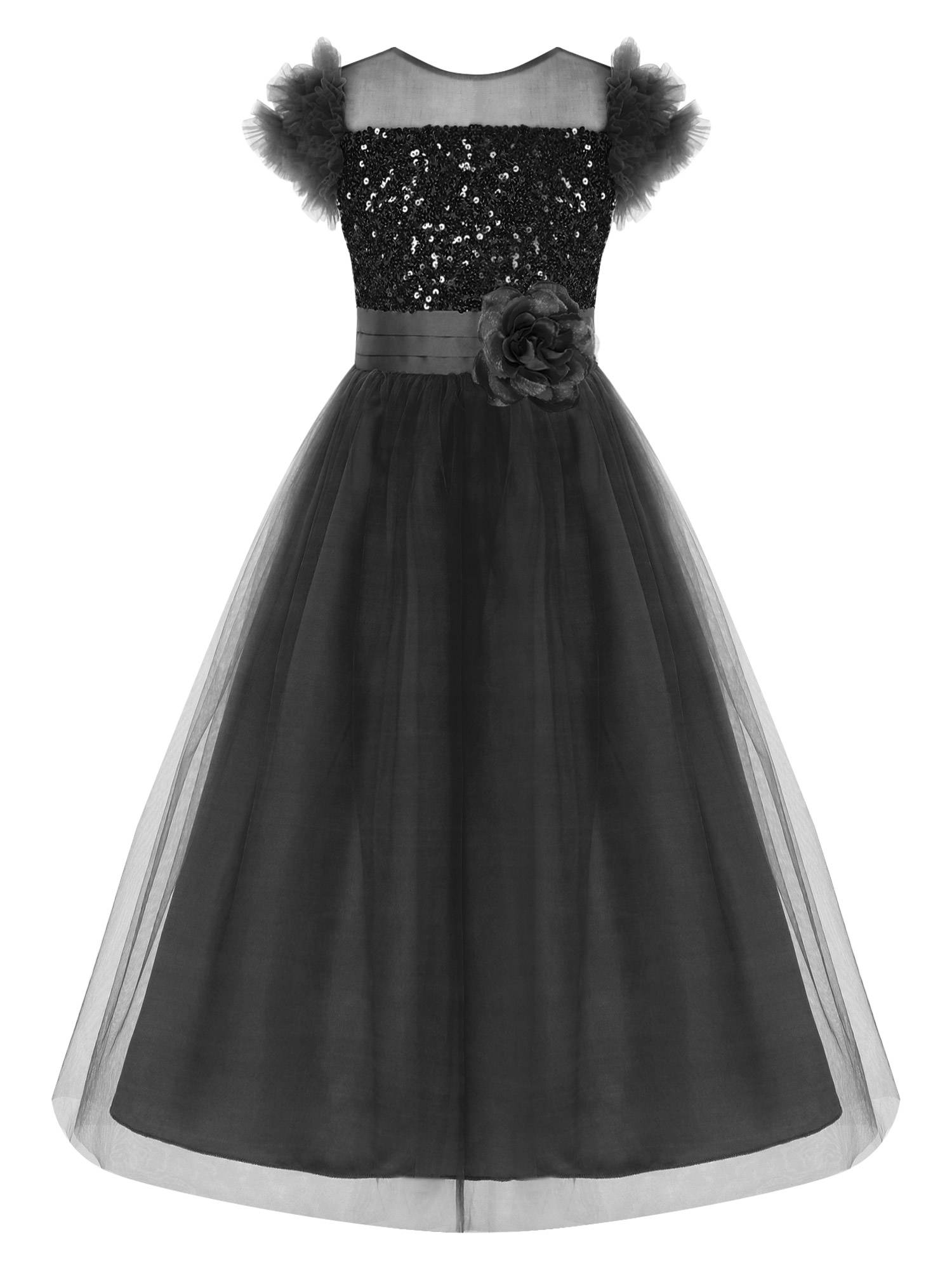 Kids Girls Sleeveless Sequin Mesh Maxi Flower Girl Dress with Belt