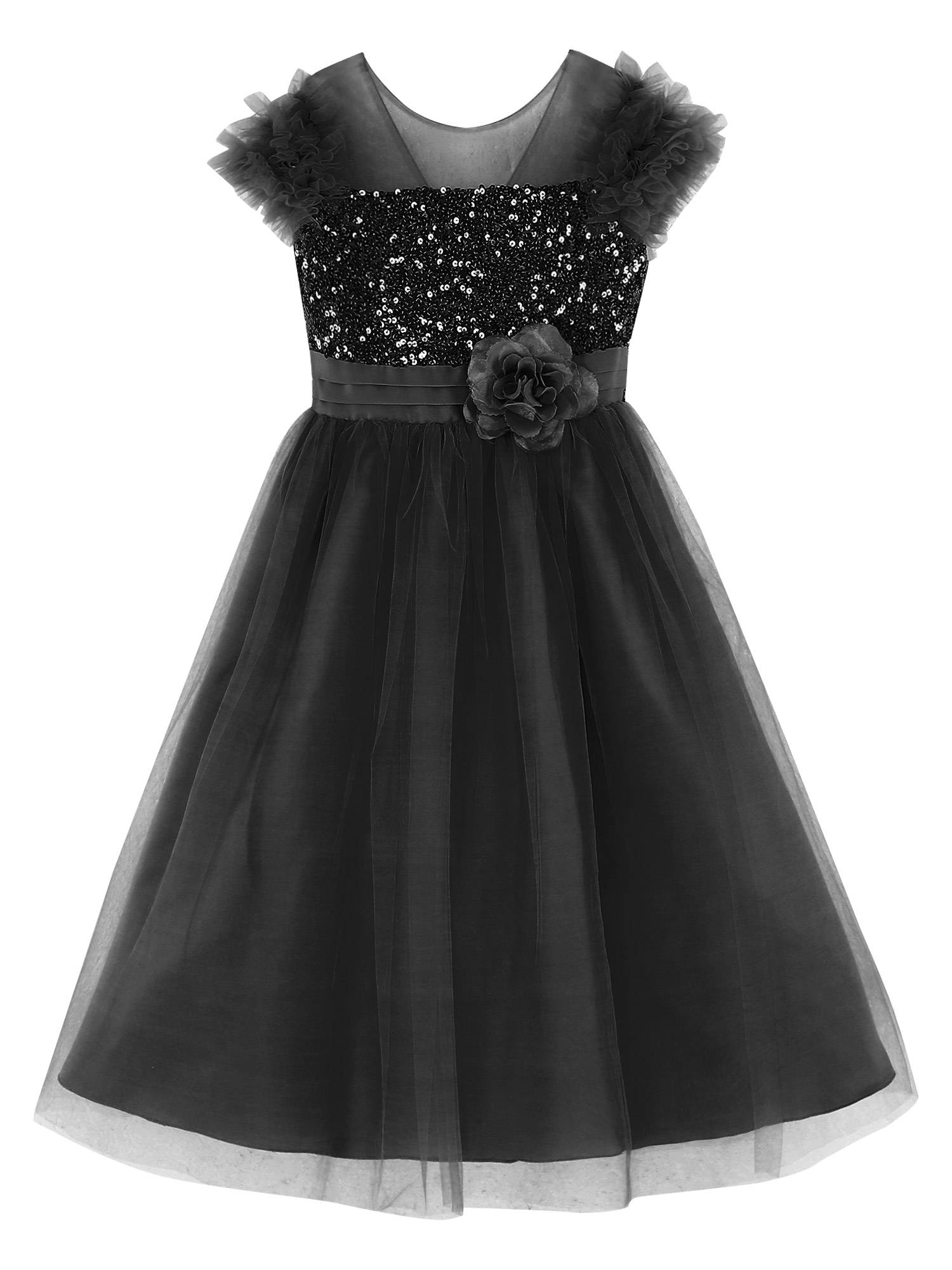 Kids Girls Sleeveless Sequin Mesh Maxi Flower Girl Dress with Belt