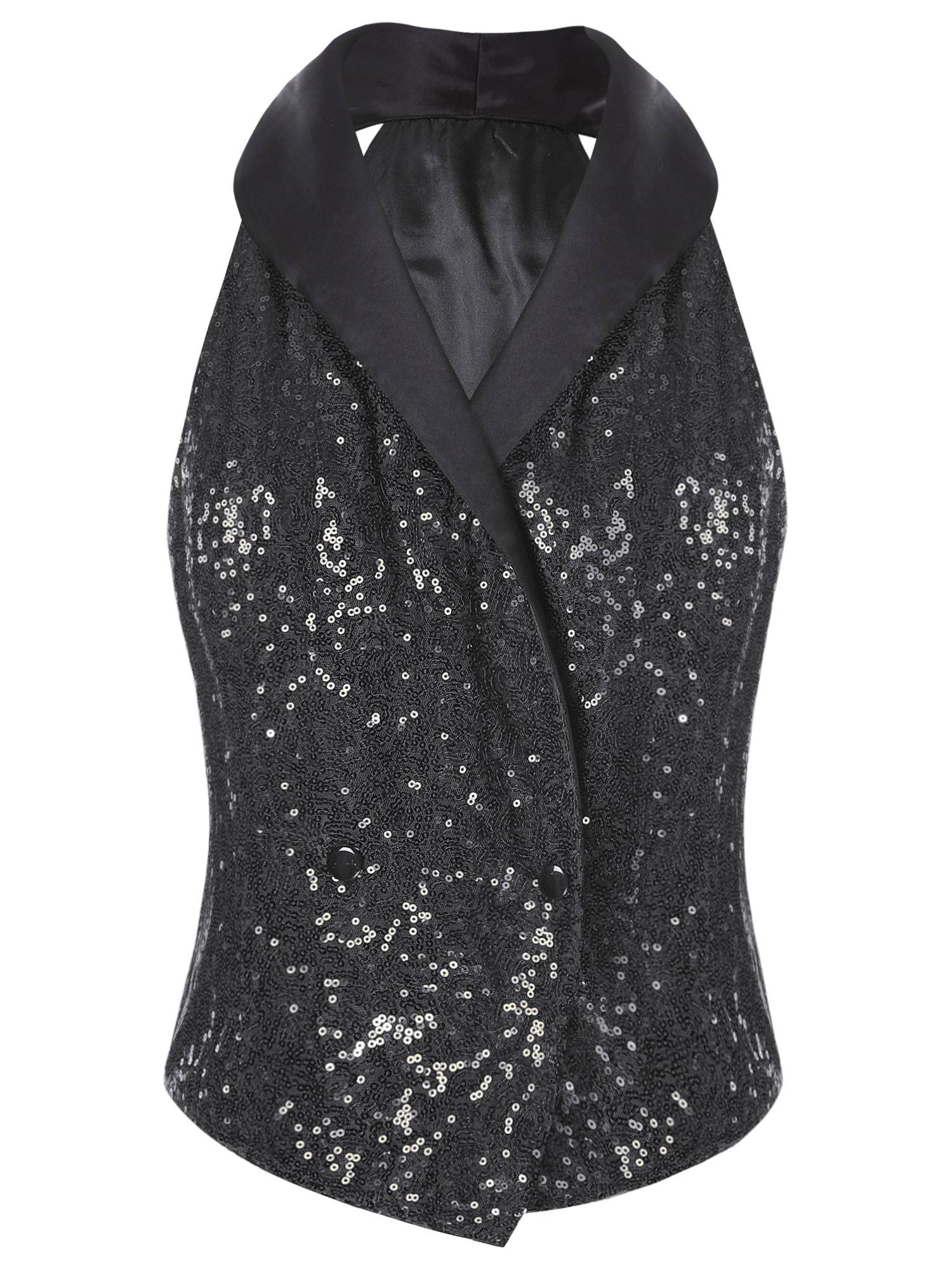 Women V-neck Lapel Sleeveless Sequin Button Top for Evening Party