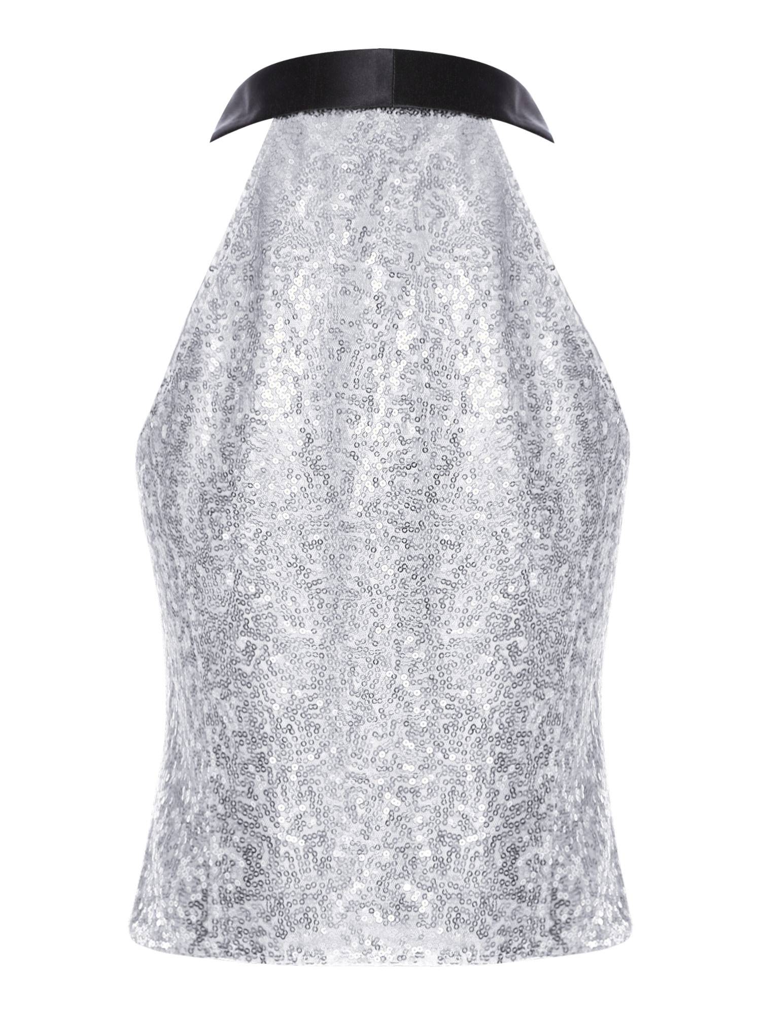 Women V-neck Lapel Sleeveless Sequin Button Top for Evening Party